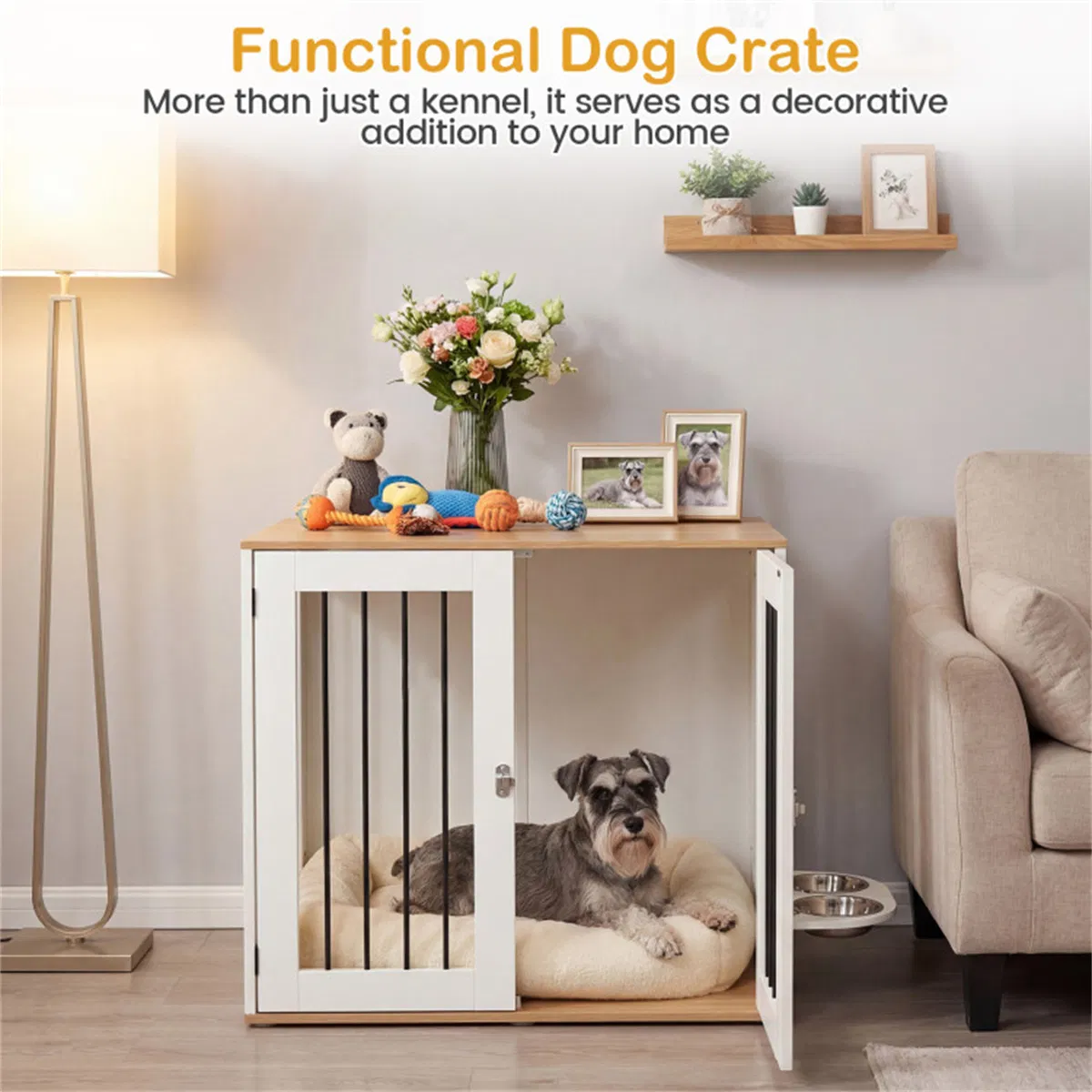 Furniture Style Dog Crate with 360° Rotating Feeder & 304 Stainless Steel Bowls, Double Locking Indoor Dog Kennel photo 6