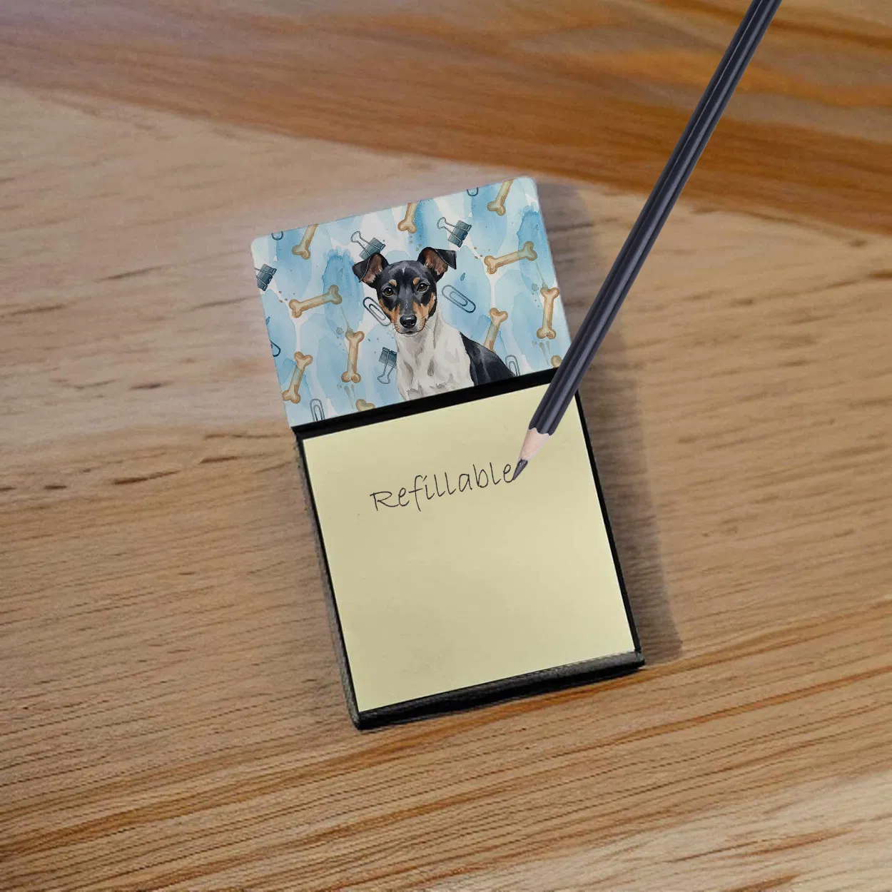 Black and White Rat Terrier Coworker Watercolor Sticky Note Holder Refillable Dispenser Desk Accessory 3x3 Pad Gift photo 3