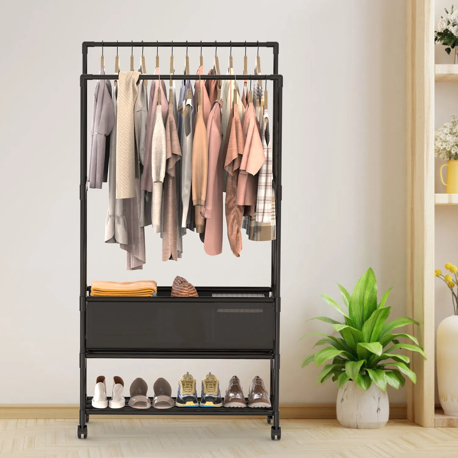 3 Tiered Portable Clothing Rack For Bedroom Entryway Double Hanging Rods Sturdy Iron Garment Rack With Double Hanging Rods Adjustable Storage Bag Quiet Wheels photo 6