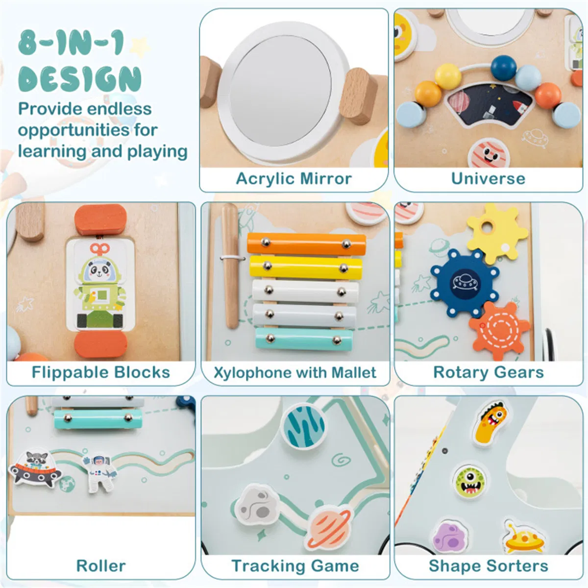 8-in-1 Wooden Baby Walker Push and Pull Learning Activity Center with Wheels for Toddlers 1+ Years Old photo 8