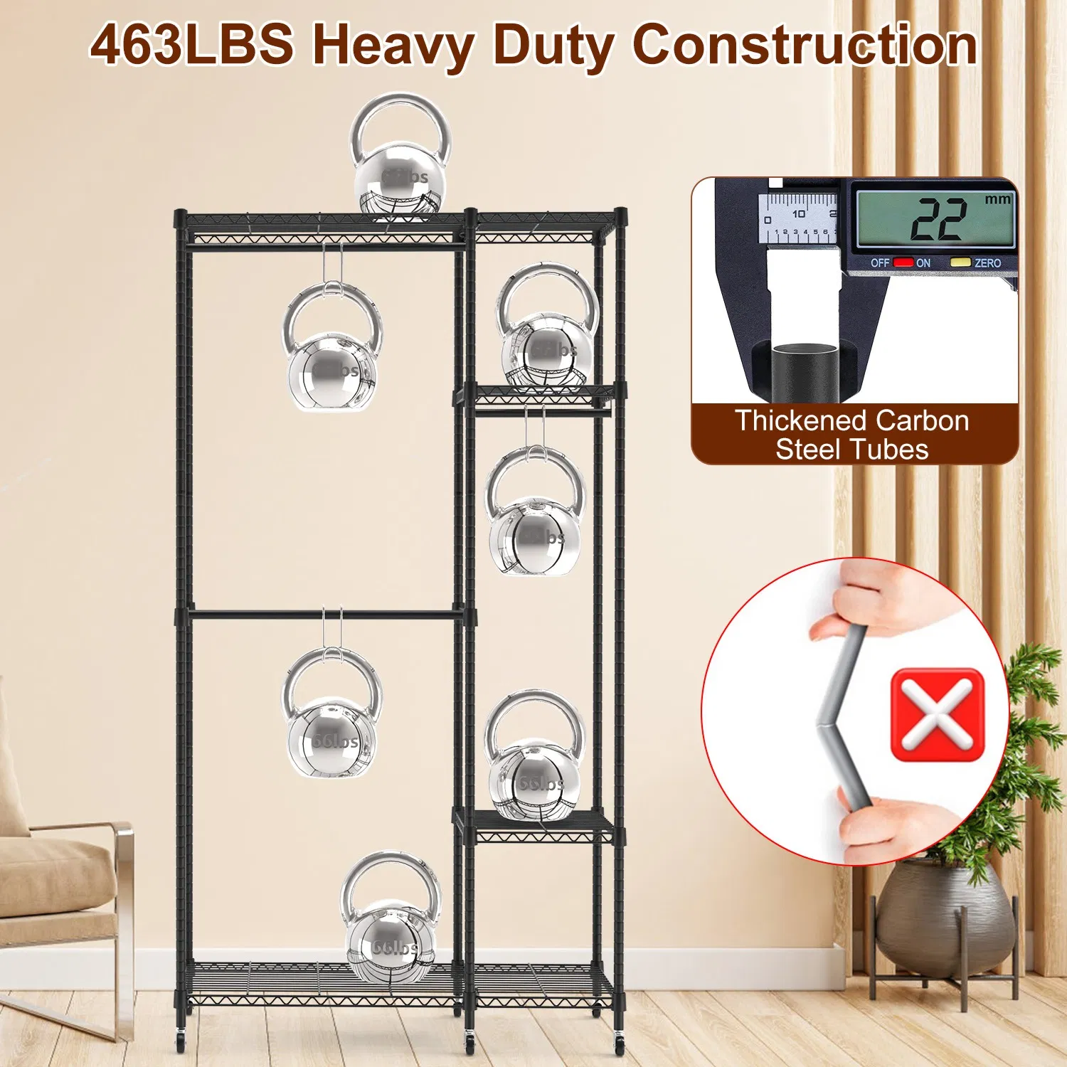 4 Tier Heavy Duty Garment Rack with Wheels Carbon Steel Clothing Rack Portable Wardrobe Clothes Rack with 3 Hanging Rods 6 Footrests 44.9x17.13x77.95in photo 3