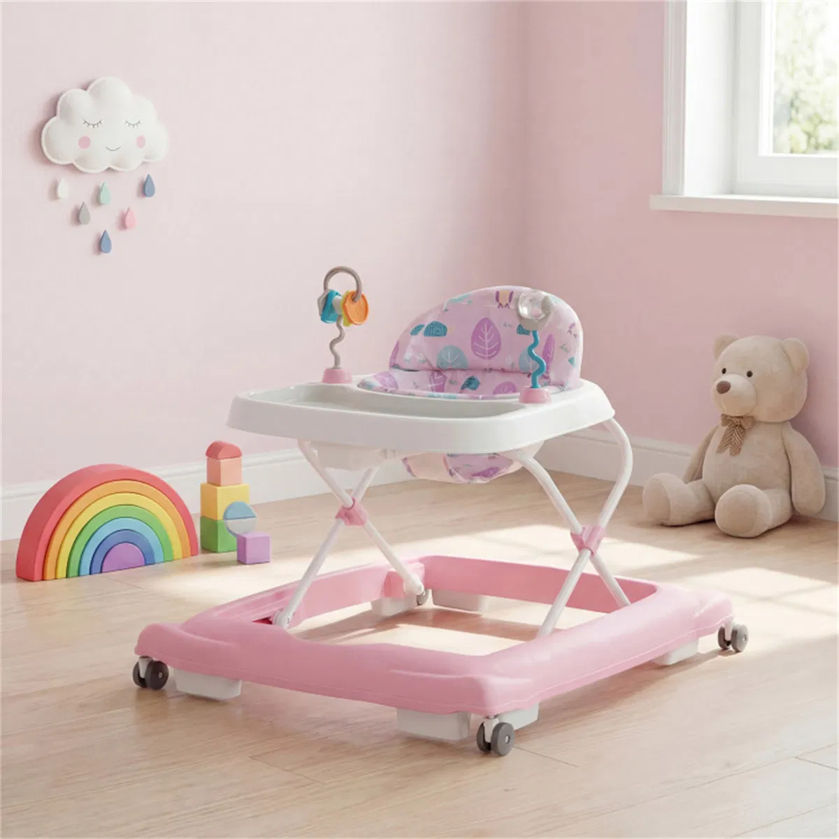 Pink Foldable Baby Walker with Detachable Tray & Shape Sorter Toys, 3-Level Height Adjustable for 6-12 Months photo 2