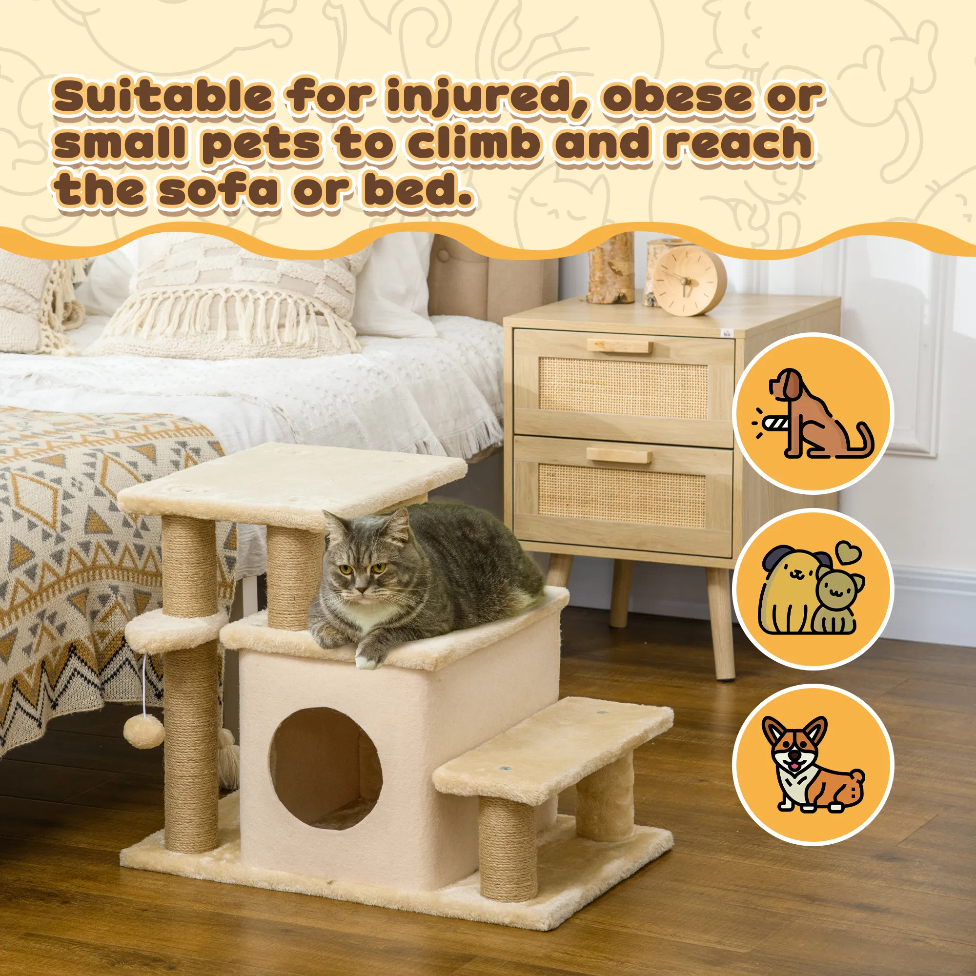 Cat Stairs Pet Steps for Couch Bed with Scratching Posts Condo Ball Toy, 23.6" x 15.7" x 26", Beige photo 4