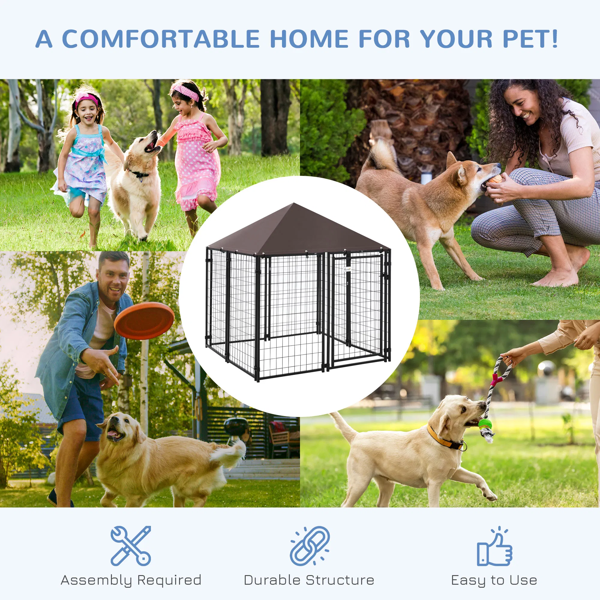 Outdoor Dog Kennel, Welded Wire Steel Fence, Lockable Pet Playpen Crate, with Water-, UV-Resistant Canopy Top, Door, 4.6ft x 4.6ft x 5ft, Black photo 4