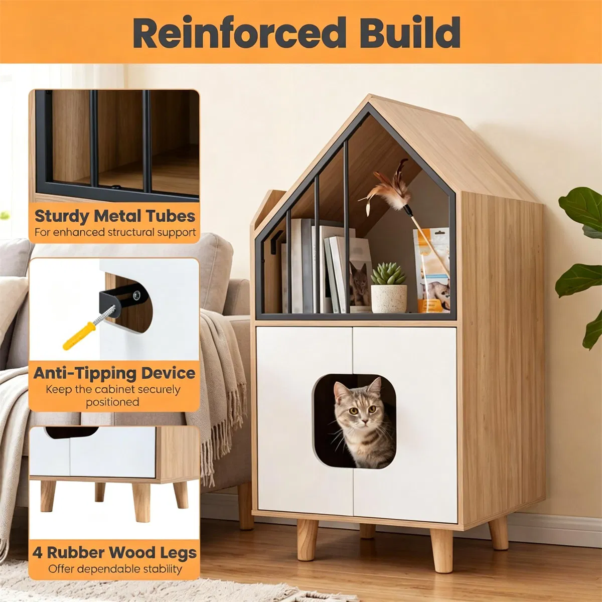 Natural & White Hidden Cat Litter Box Furniture, Elevated Cat Lounge Top Enclosed Cat Washroom Cabinet with Raised Legs for Living Room Bedroom Apartment photo 3