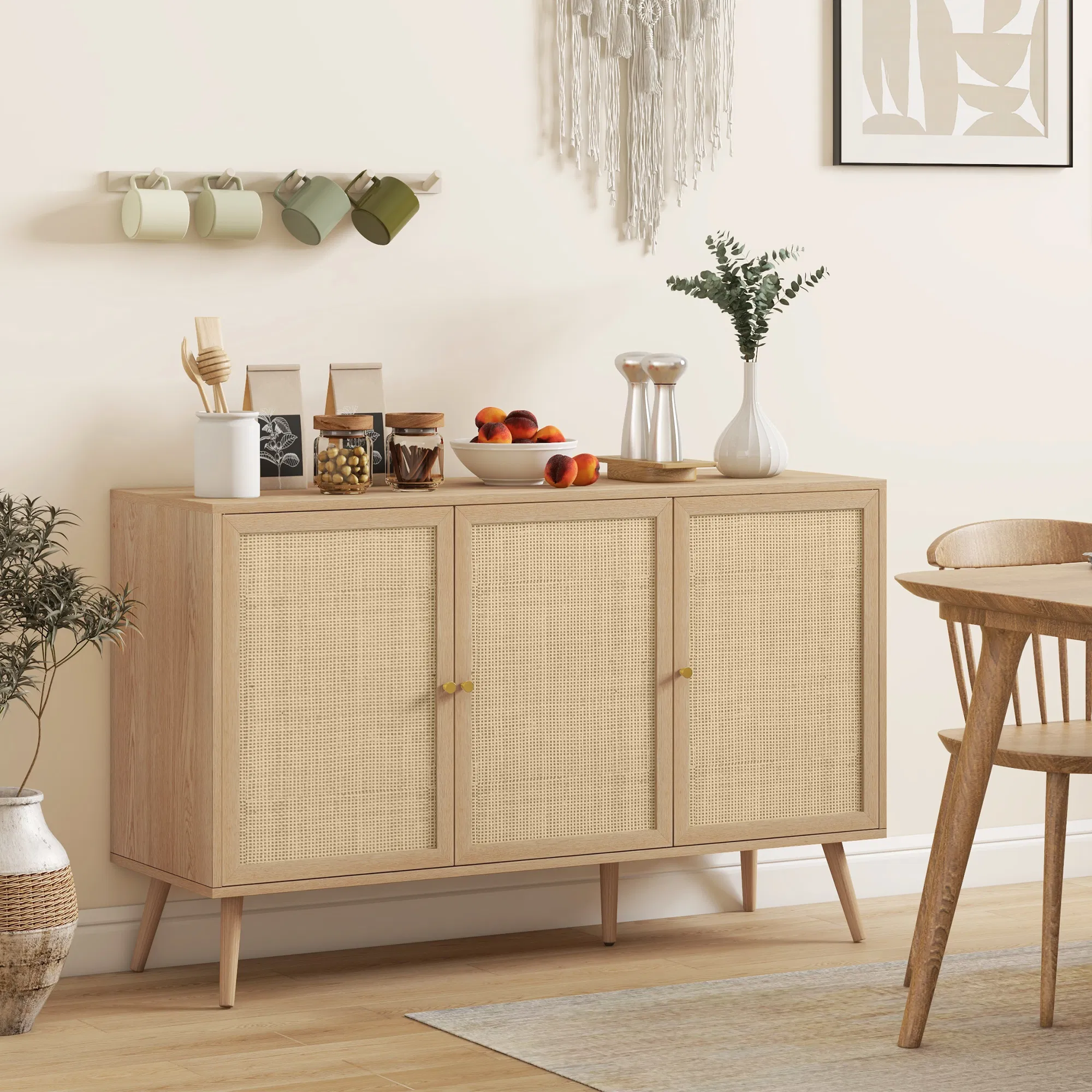 Kitchen Sideboard Cabinet, Boho Storage Cabinet with Shelves, Wood Legs, Decorative Rattan Doors, Natural photo 2