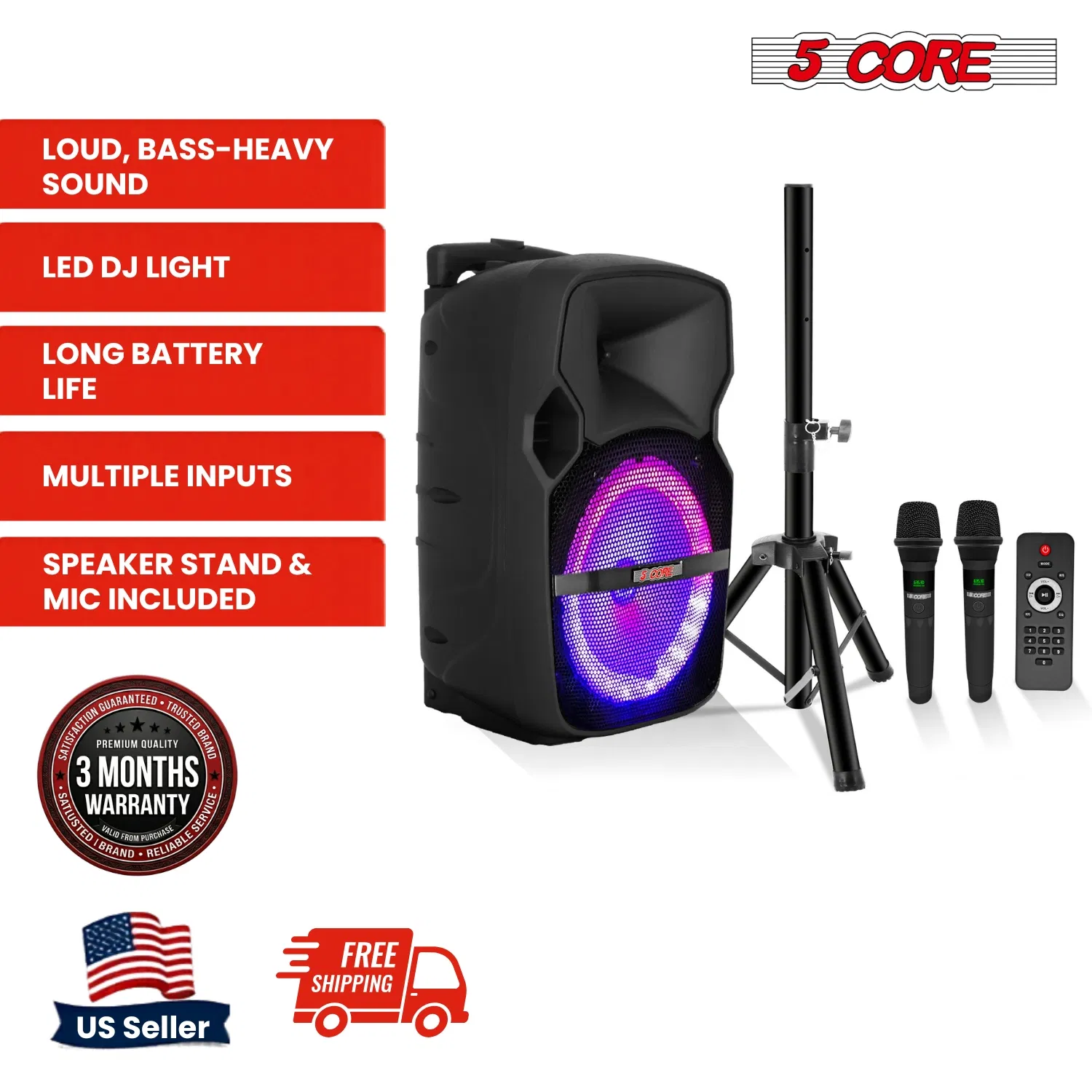 5 Core Party Speaker w Microphone 400W Big Rechargeable Bluetooth Loud PA DJ Karaoke System w Stand photo 5