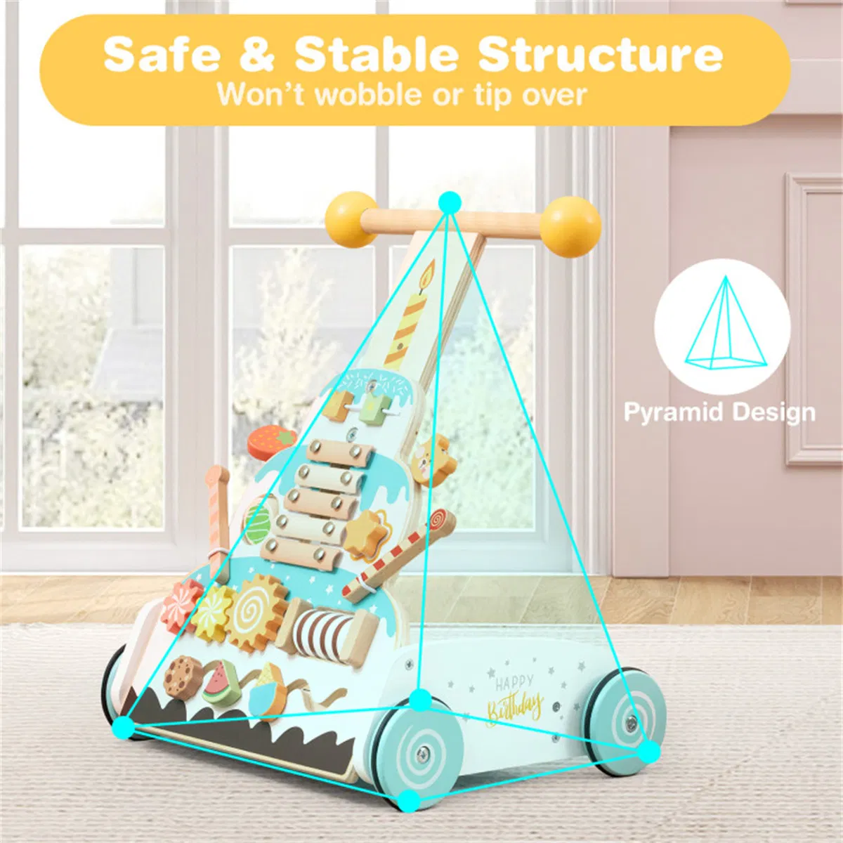 Wooden Baby Walker with 3-Position Adjustable Heights and Smooth Wheels photo 4