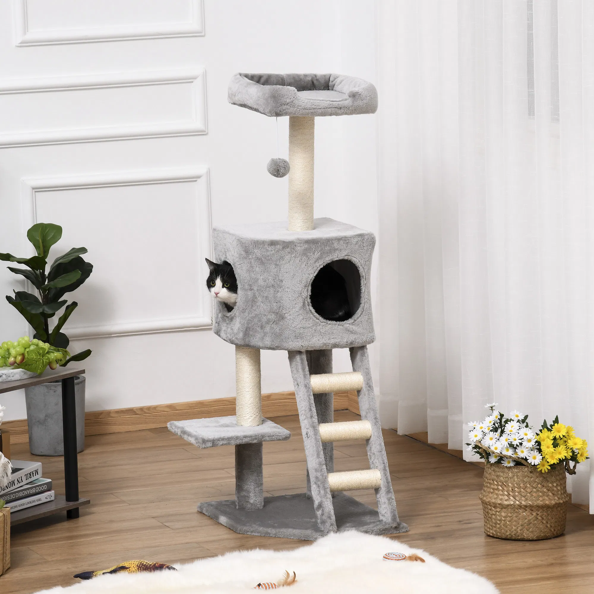 47" Tall Cat Tree Tower with Condo, Ladder, Scratching Posts and Hanging Ball, Light Grey photo 6