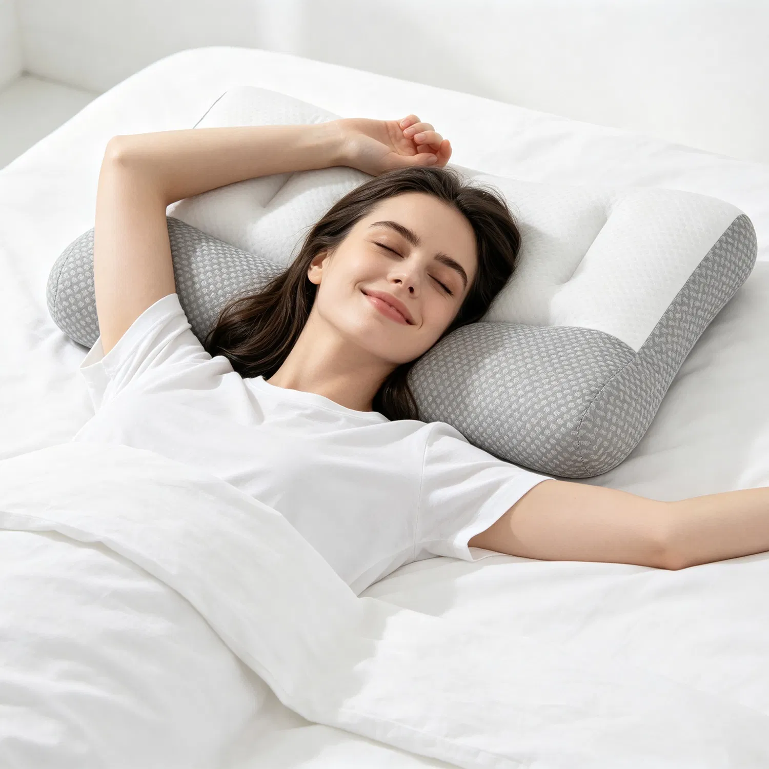 Contoured Dual-Height Bed Pillow with Ear Slot, Breathable Knit Mesh Cover, Down-Alternative Filling Pillow for Household Bedroom Sleeping photo 5