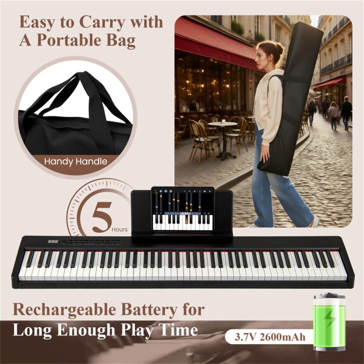 88-Key Velocity-Sensitive Digital Piano, 124.46×24.13×6.35 cm French DREAM Audio Source Keyboard with Split Function for Duet Playing, Black photo 2