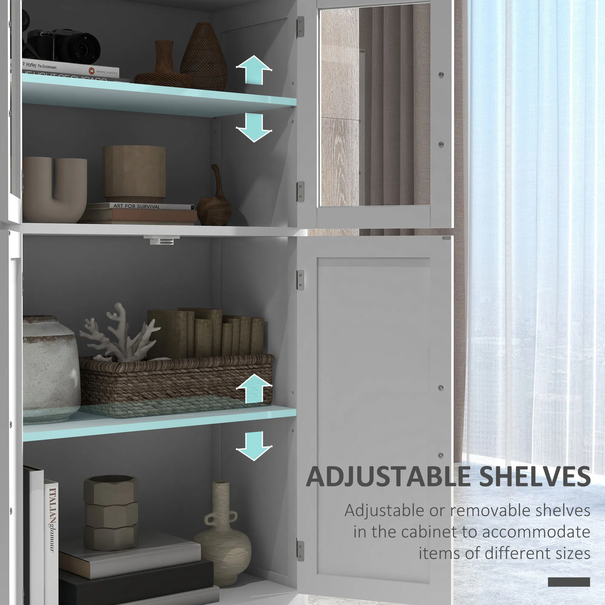Modern Sideboard Cabinet, Freestanding Sideboards and Buffets with Glass Doors, 4-tier Shelving and Adjustable Shelves photo 2