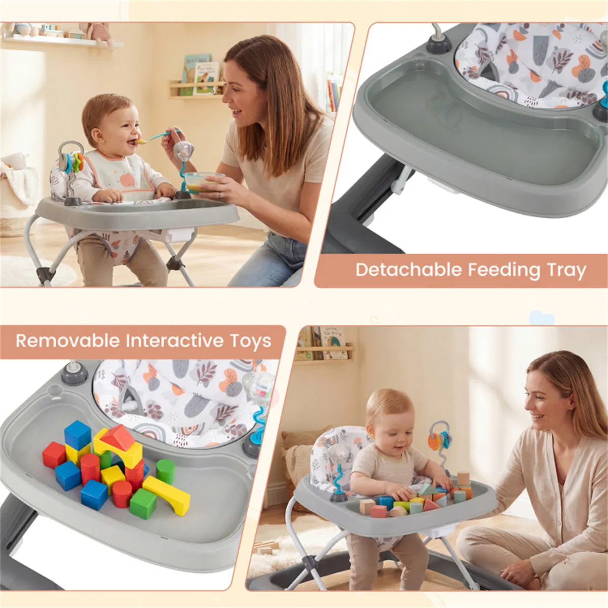 Grey Foldable Baby Walker with Detachable Tray & Shape Sorter Toys, 3-Level Height Adjustable for 6-12 Months photo 5