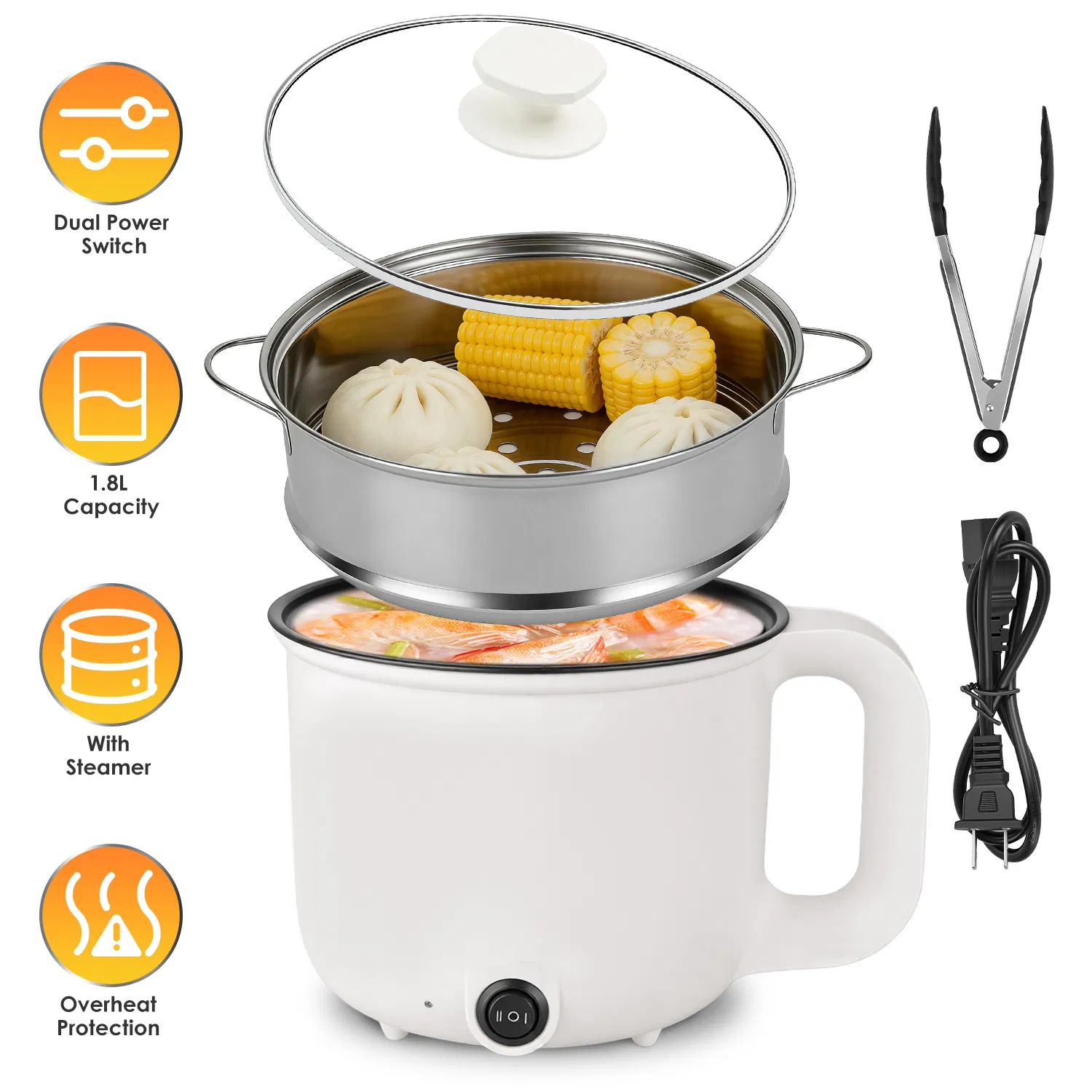 Electric Hot Pot with Steamer 1.8L Mini Portable Hot Pot with 300W 600W Dual Power for Egg Fried Rice Ramen Oatmeal Soup Overheat Protection for College Dorm Room Essential photo 1
