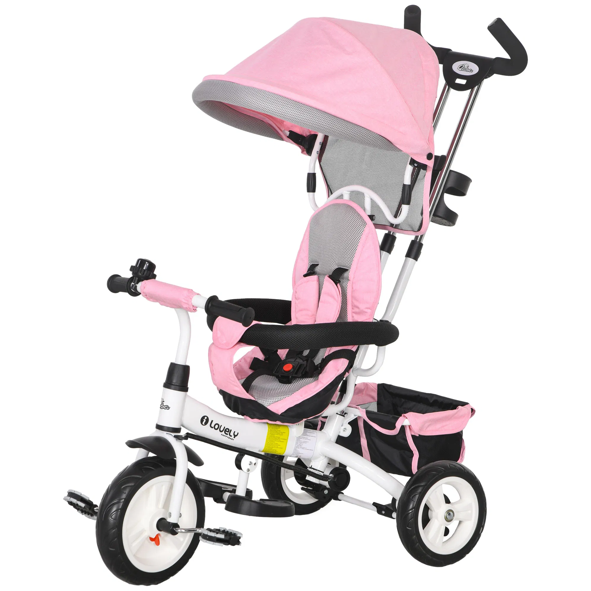 6 in 1 Toddler Tricycle Stroller with Basket, Canopy, 5-point Safety Harness, for 12-60 Months, Pink photo 1