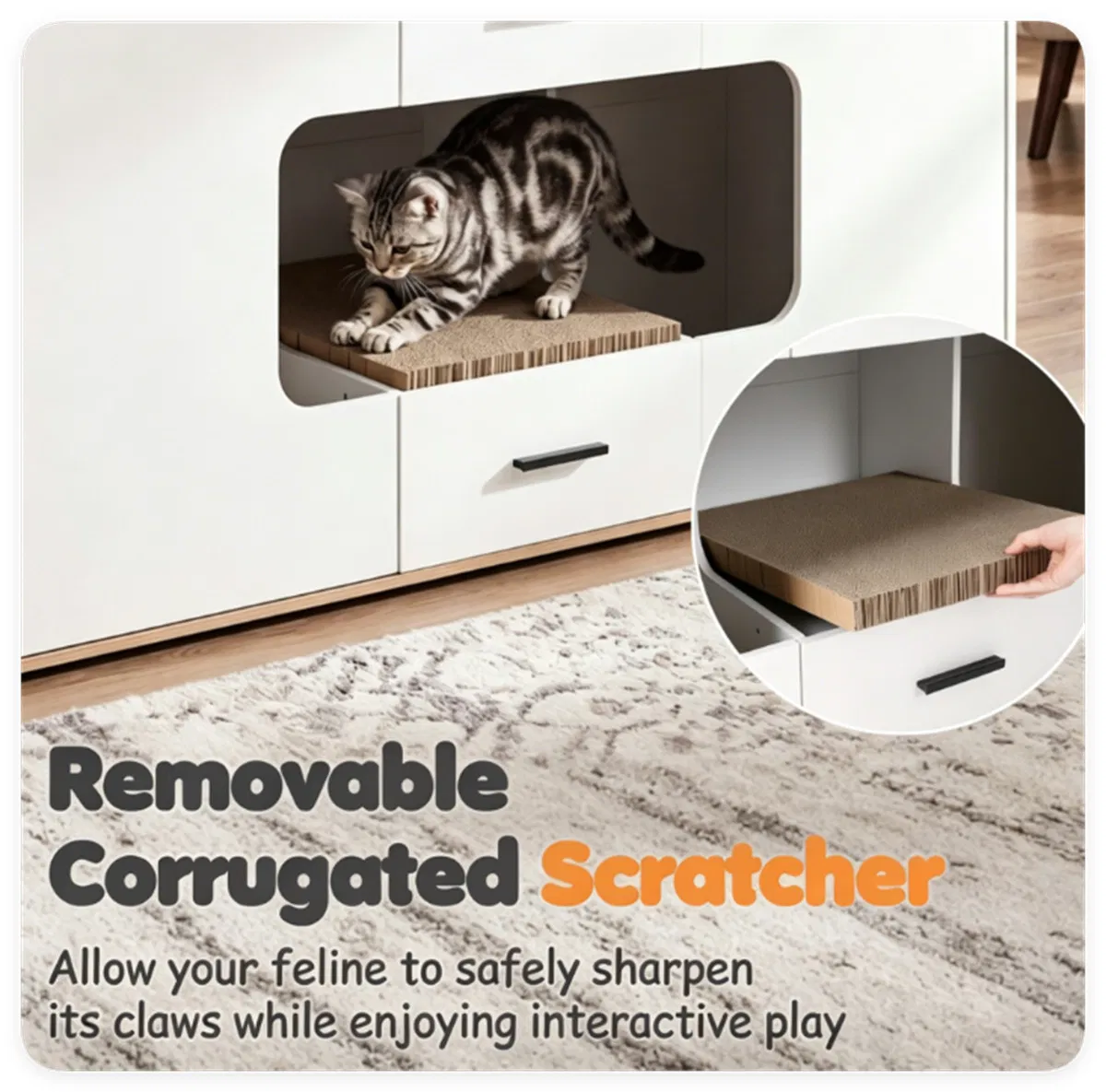 Large Cat Litter Box Enclosure Furniture with Storage Drawers & Built-In Scratching Board, Hidden Cat Washroom Cabinet with Anti-Tipping Kit for Living Room Bedroom photo 7