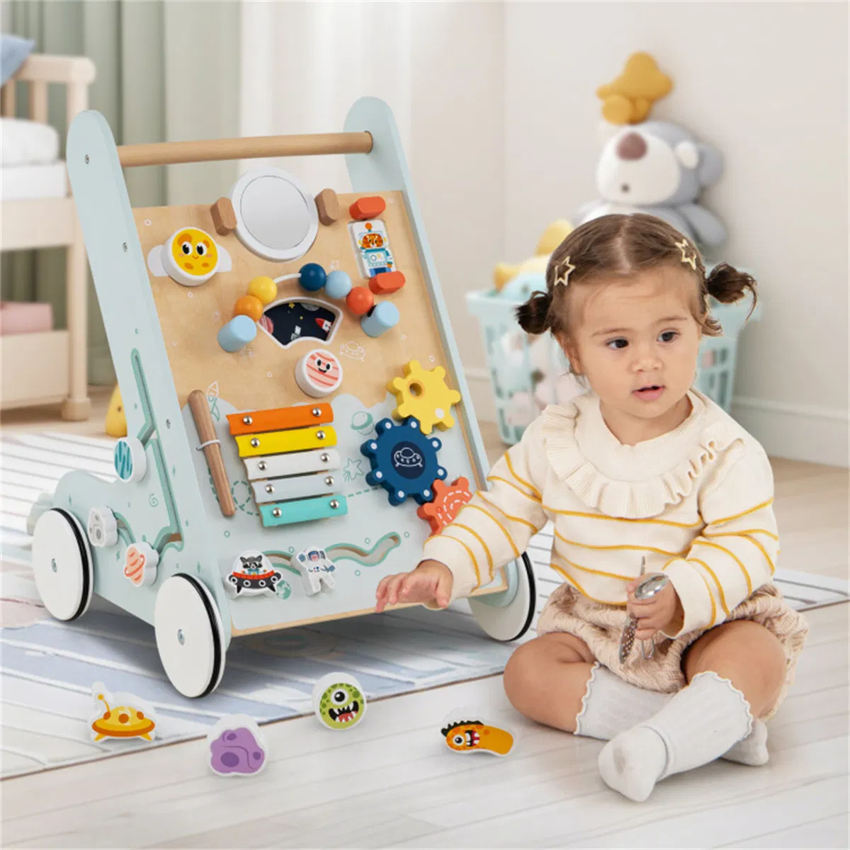 8-in-1 Wooden Baby Walker Push and Pull Learning Activity Center with Wheels for Toddlers 1+ Years Old photo 2