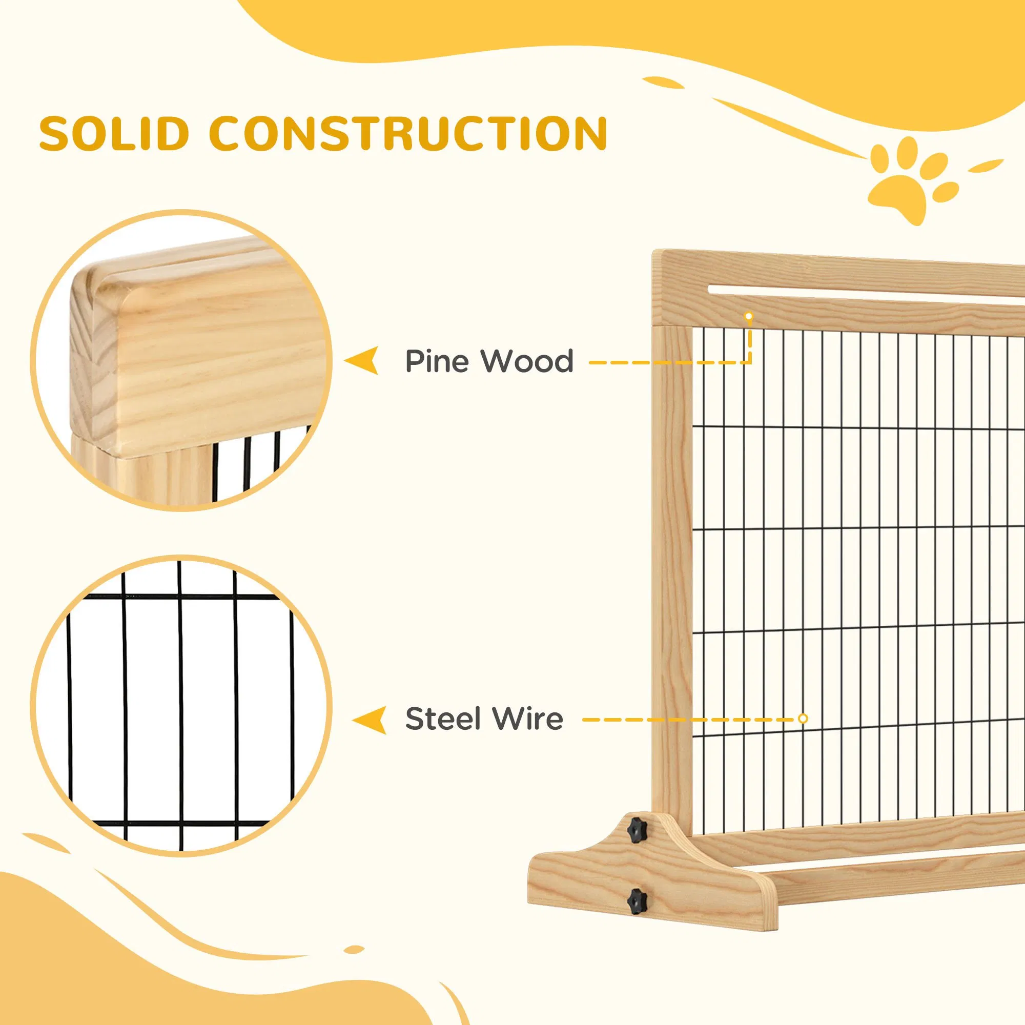 41"-72" Wooden Freestanding Pet Gate with Support Feet, for Small Medium Dogs, Natural photo 4