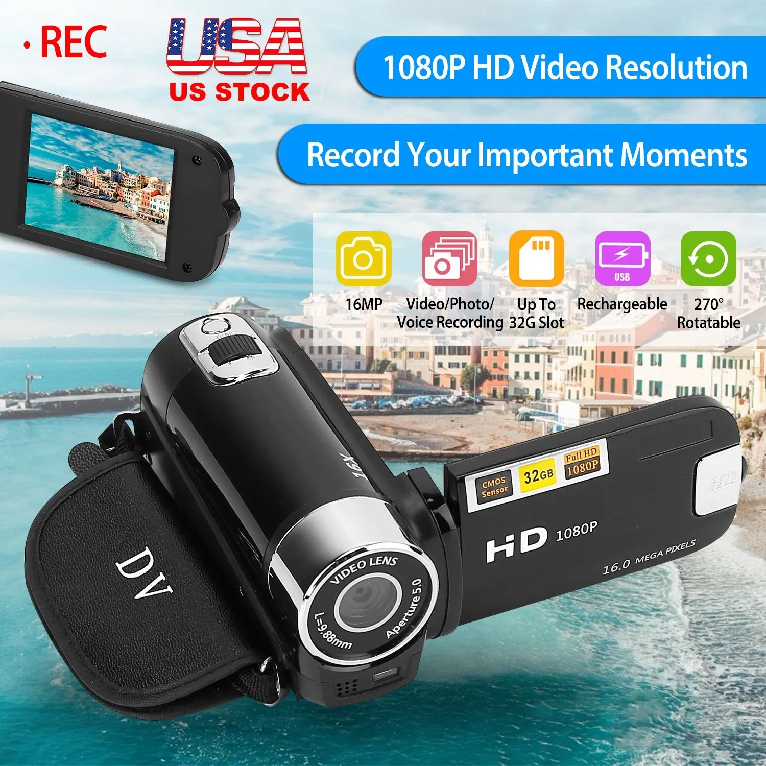HD 1080P Digital Video Camcorder 2.7in 16X Zoom DV Camera 270° Rotation Rechargeable Kid Camera w/Fill Light Selfie photo 2