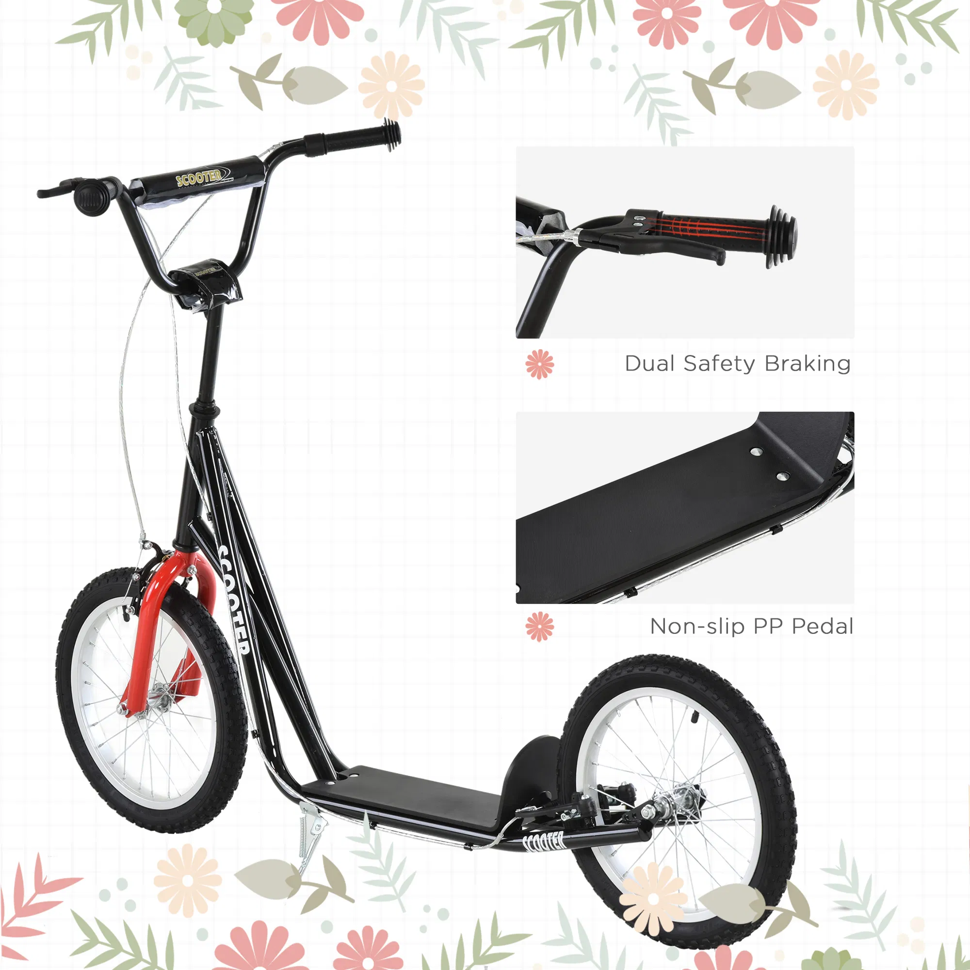 Kids Kick Scooter for 5+ Year Old, Kids Ride on Toy w/ 16'' Inflatable Wheel Dual Brakes, Black photo 5