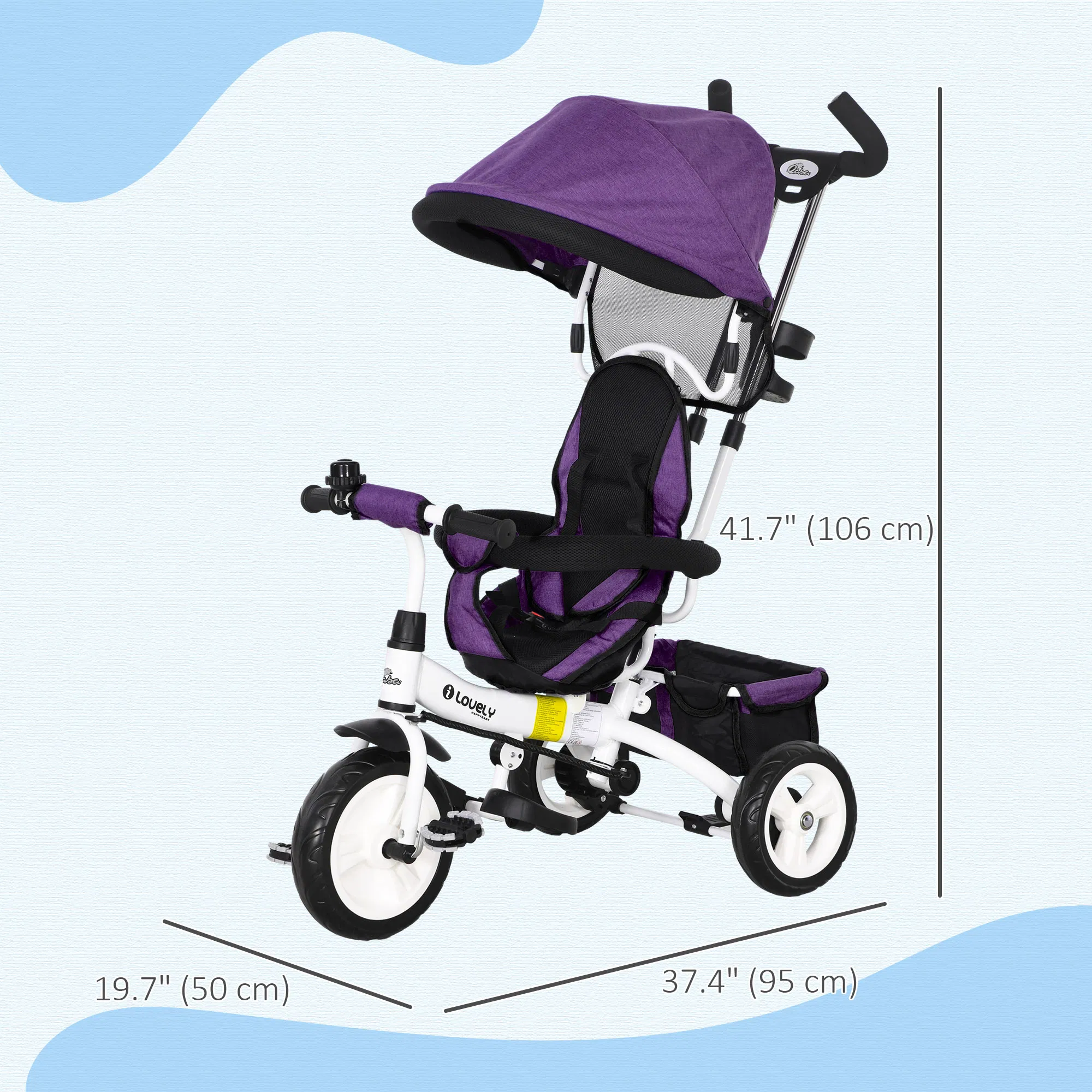 6 in 1 Toddler Tricycle Stroller with Basket, Canopy, 5-point Safety Harness, for 12-60 Months, Purple photo 6