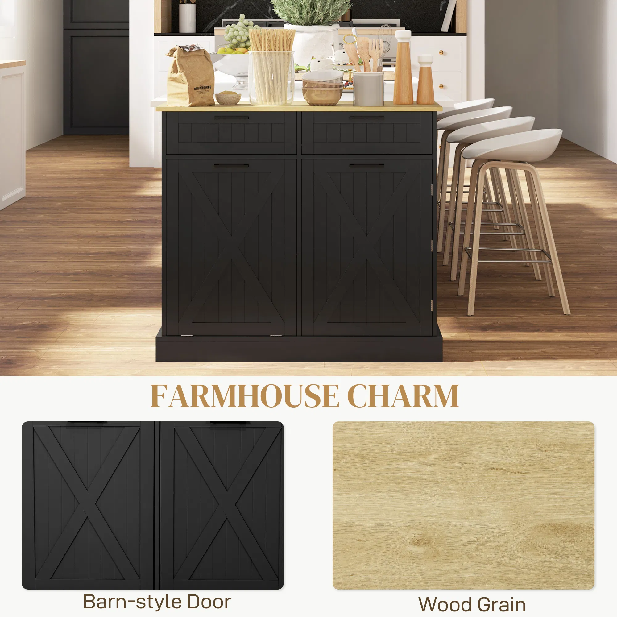 10 Gallon Hidden Garbage Bin Cabinet, Tilt Out Trash Cabinet w/ 2 Drawers, Freestanding Kitchen Island, Black photo 5