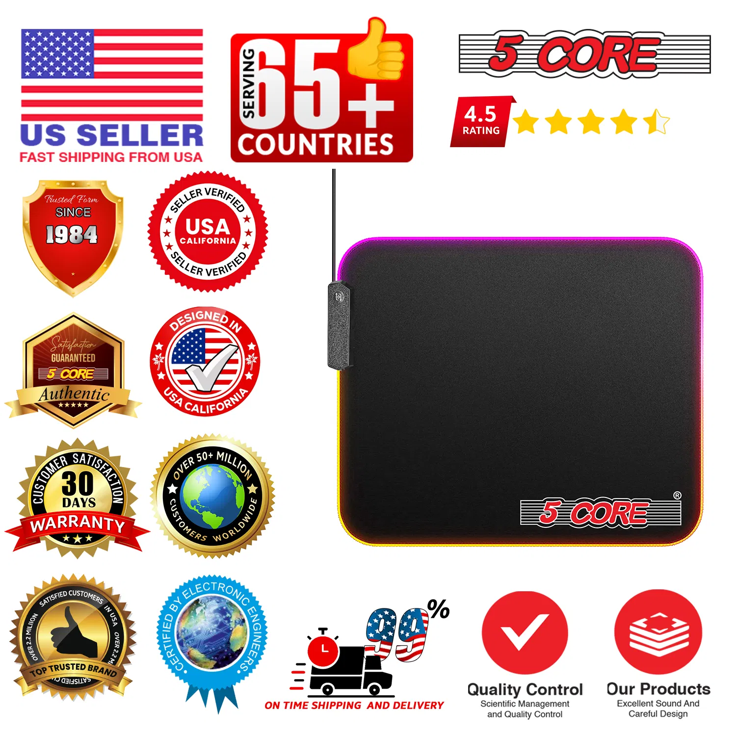 5Core Gaming Mouse Pad RGB 12 Light Modes 2 Zone Desk Mouse Mat w Rubber Base photo 3