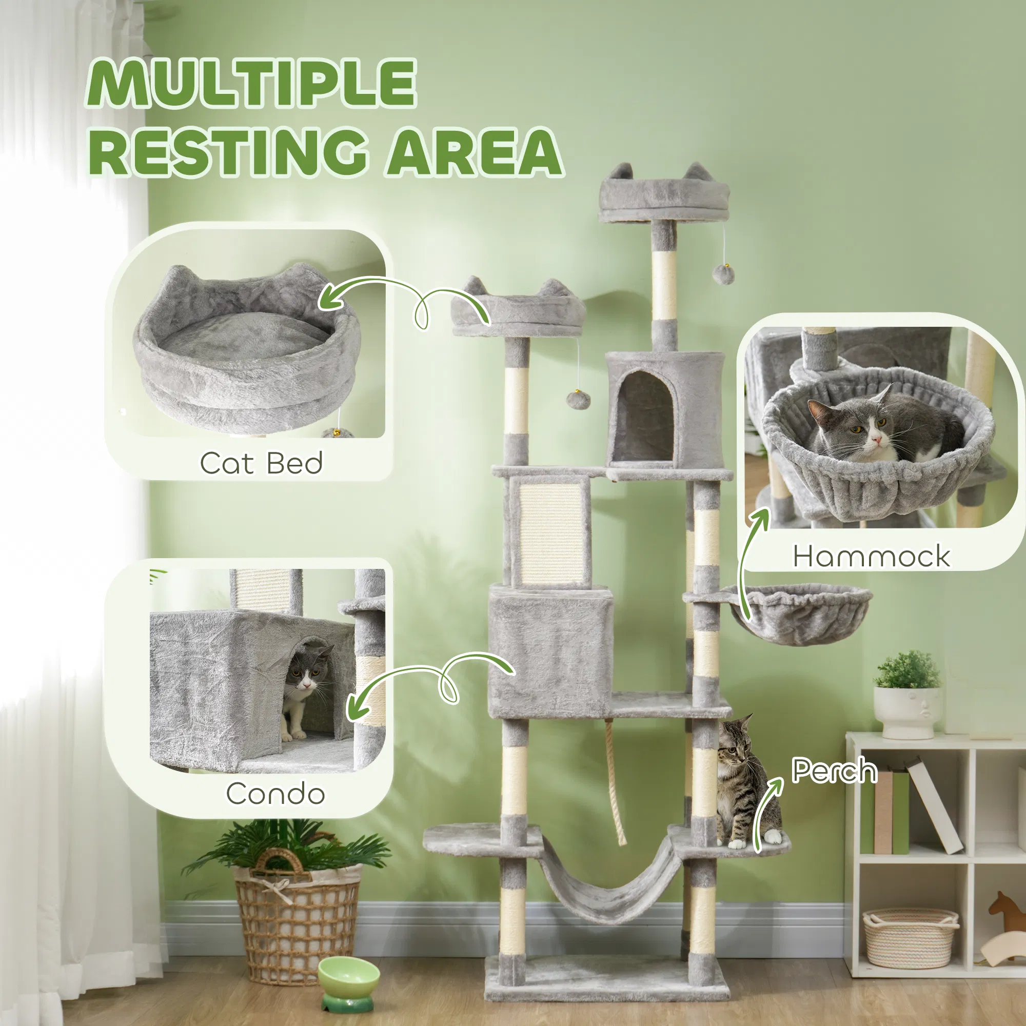 81" Large Cat Tree w/ Scratching Posts, Condos, Beds, Hammocks, Jumping Platforms, Toy Balls, Rope Cat Toy, Light Grey photo 5