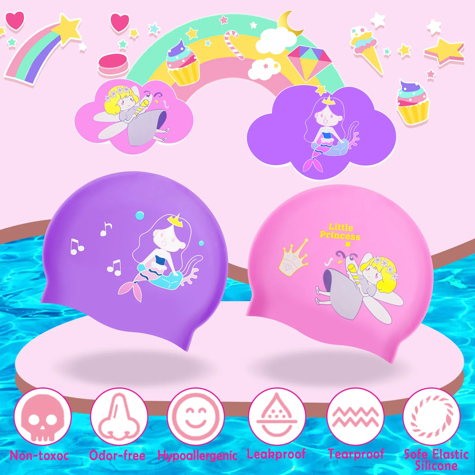 2 Pack Kids Swim Caps for Girls Boy Aged 9-15, Waterproof Bathing Cap for Long and Short Hair, Silicone Swimming Cap Swim Hats with Fairy Mermaid Cartoon photo 1