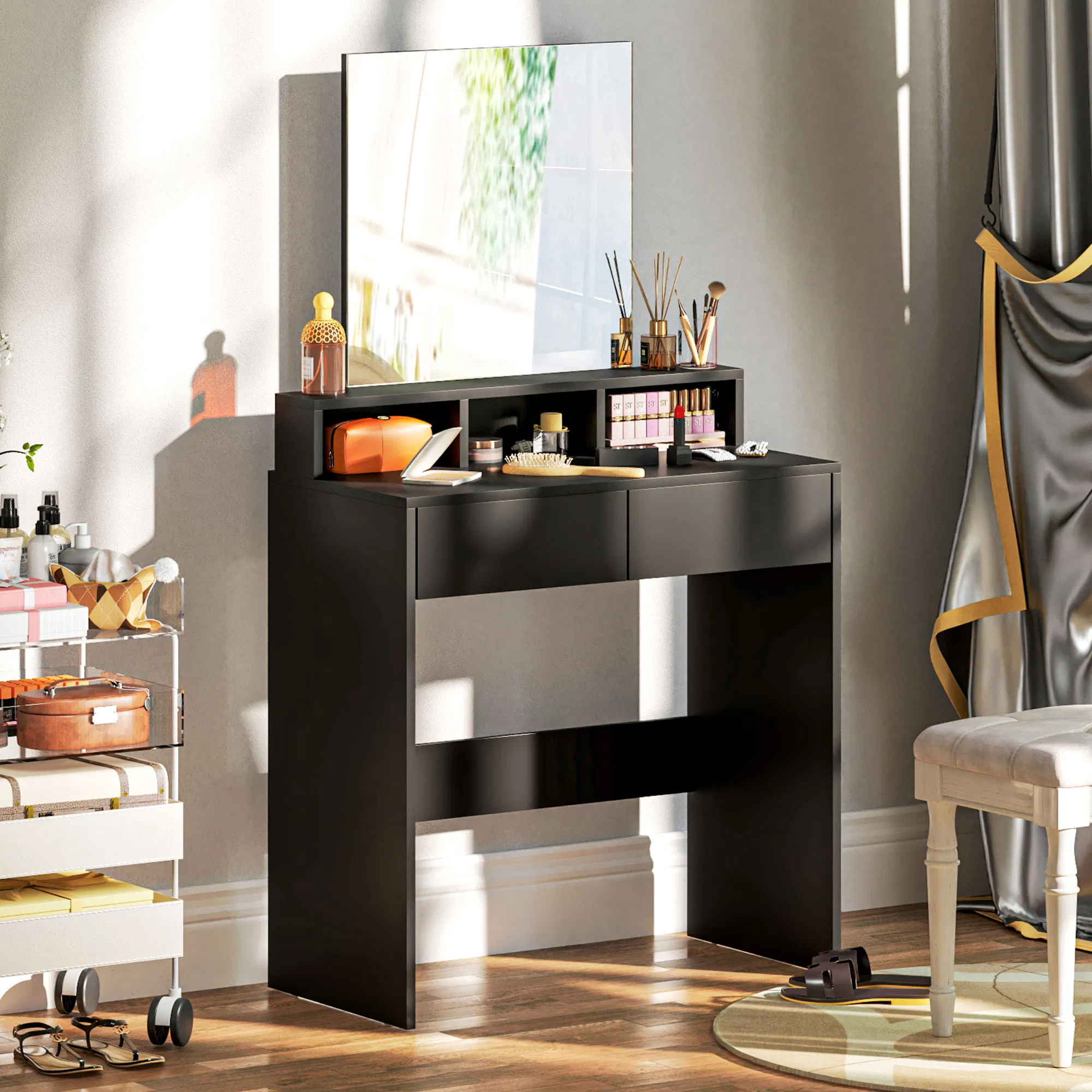 Makeup Vanity Desk with Mirror, for Bedroom, Modern Dressing Table with Drawers, Compartments, Black photo 3