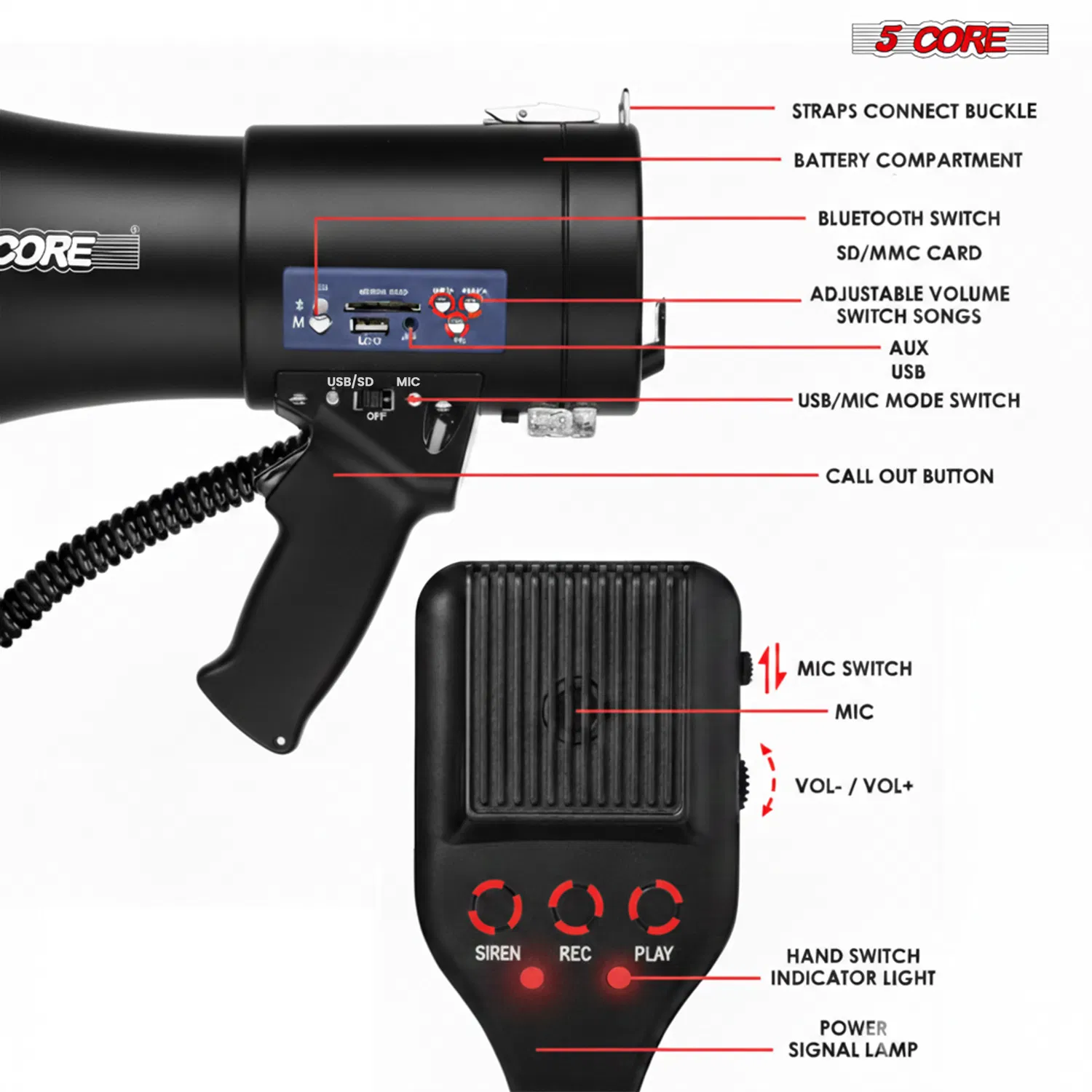 5 Core Megaphone Speaker 100/50W Loud Rechargeable/ Battery Power Bullhorn photo 4
