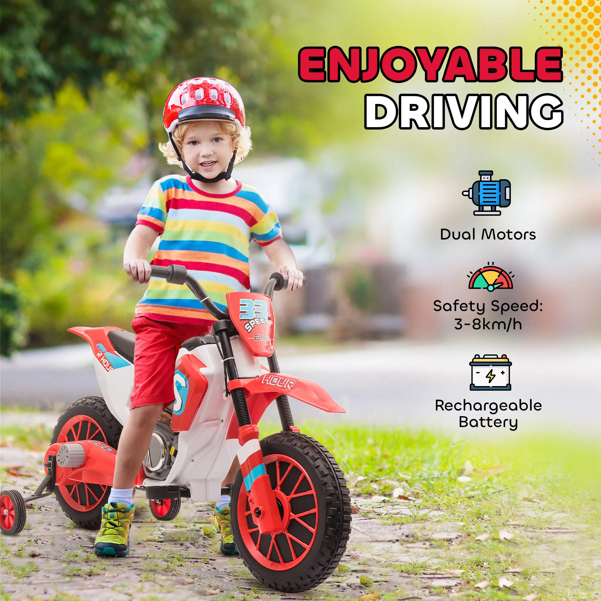 Kids Dirt Bike Battery-Powered Ride-On Electric Motorcycle with Charging 12V Battery, Training Wheels Red photo 2