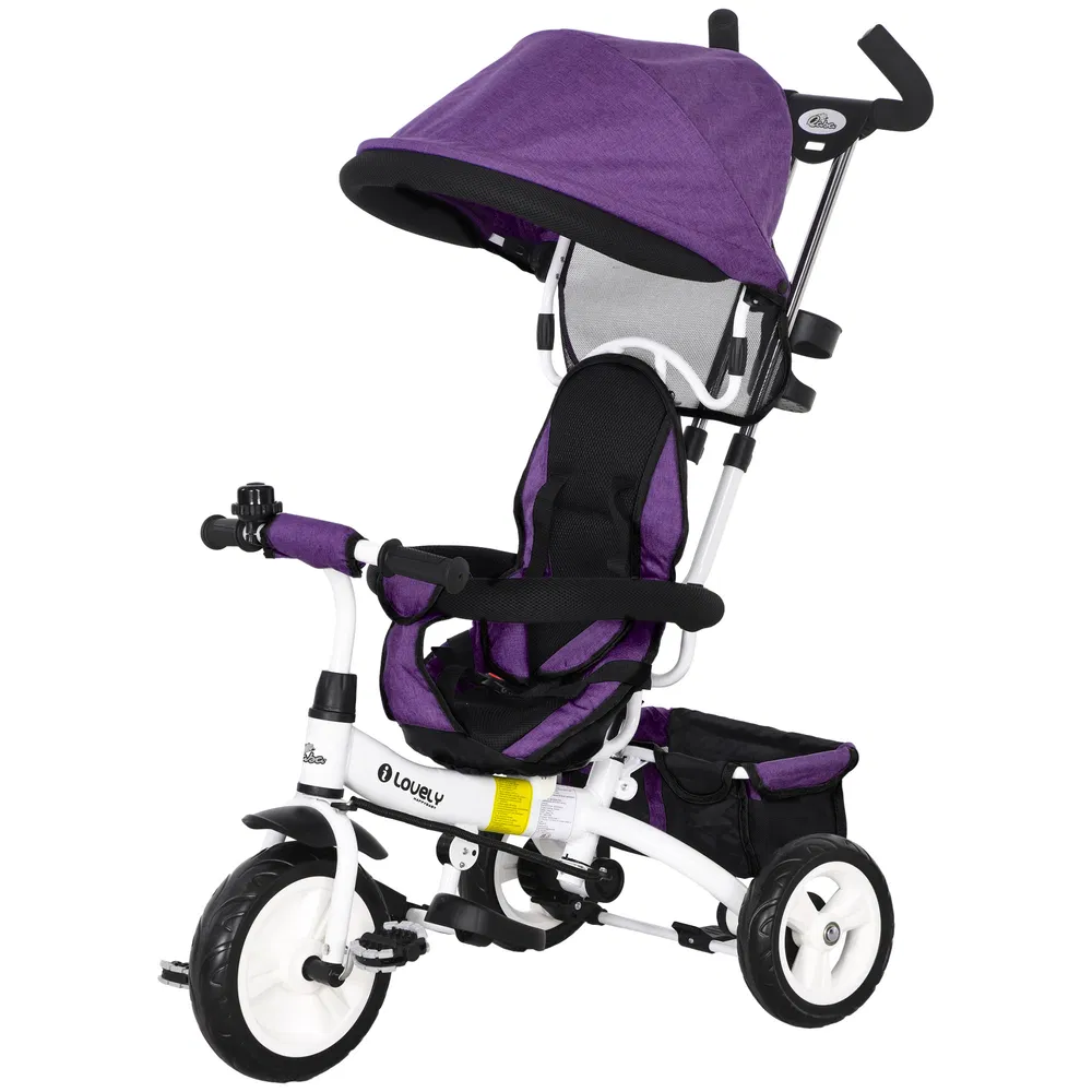 6 in 1 Toddler Tricycle Stroller with Basket, Canopy, 5-point Safety Harness, for 12-60 Months, Purple photo 7
