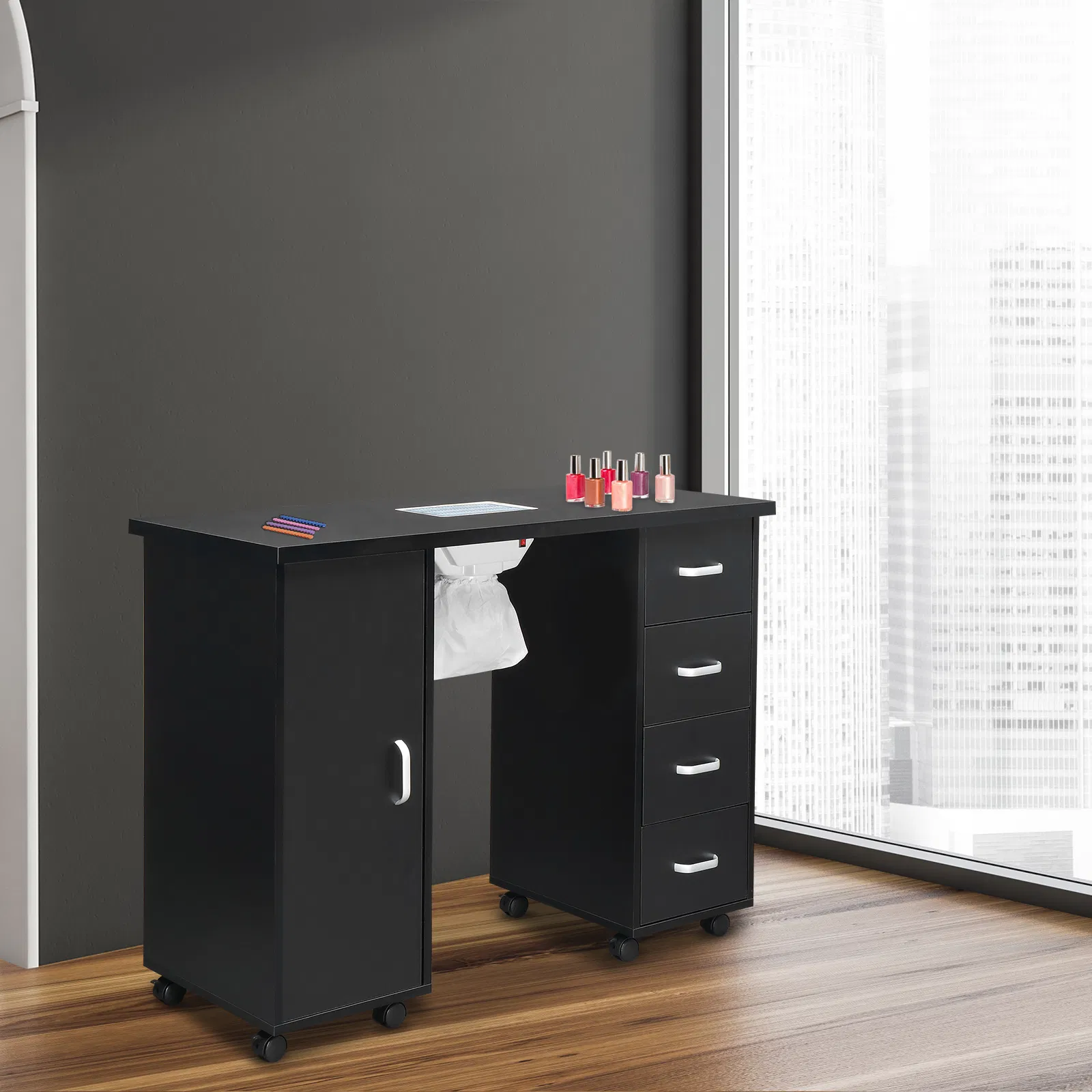 MDF Single Door 4 Drawers With Fan Black Nail Table photo 3
