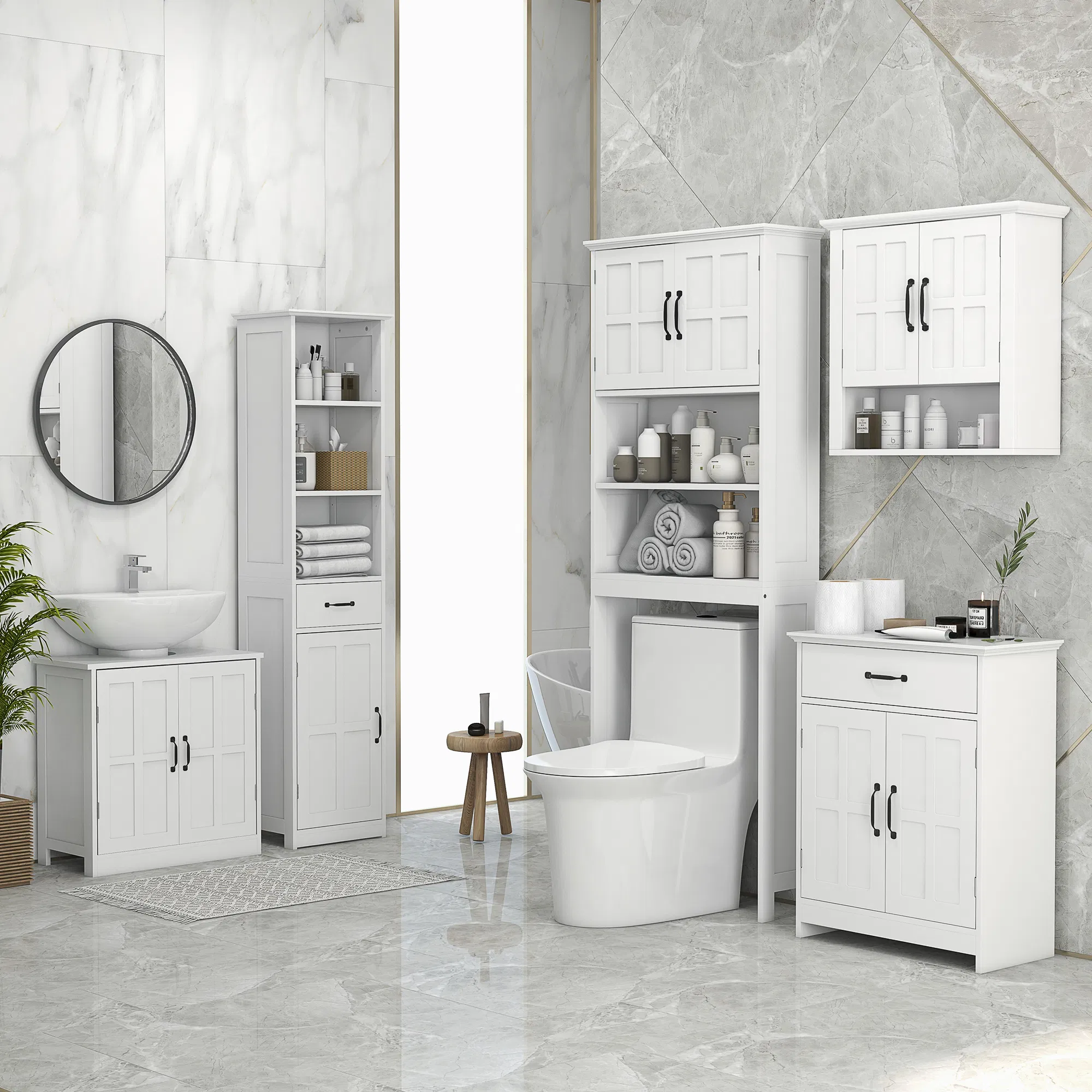 Modern Bathroom Cabinet, Narrow Bathroom Vanities with 3 Open Shelves, Drawer and Adjustable Shelf, White photo 4