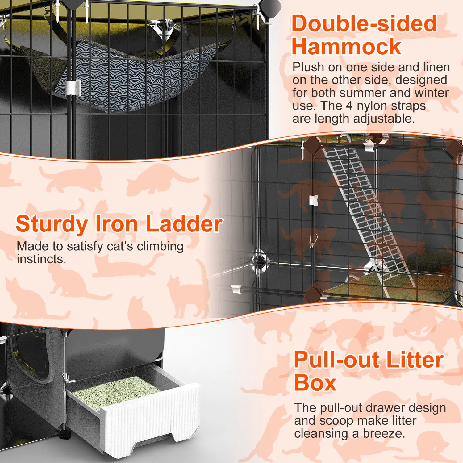 Multi-Level Cat Playpen Cage, 3-Tier Indoor Cat House with Built-in Litter Tray, Litter Scoop, Reversible Hammock for Kittens, Ferrets, Rabbits photo 5