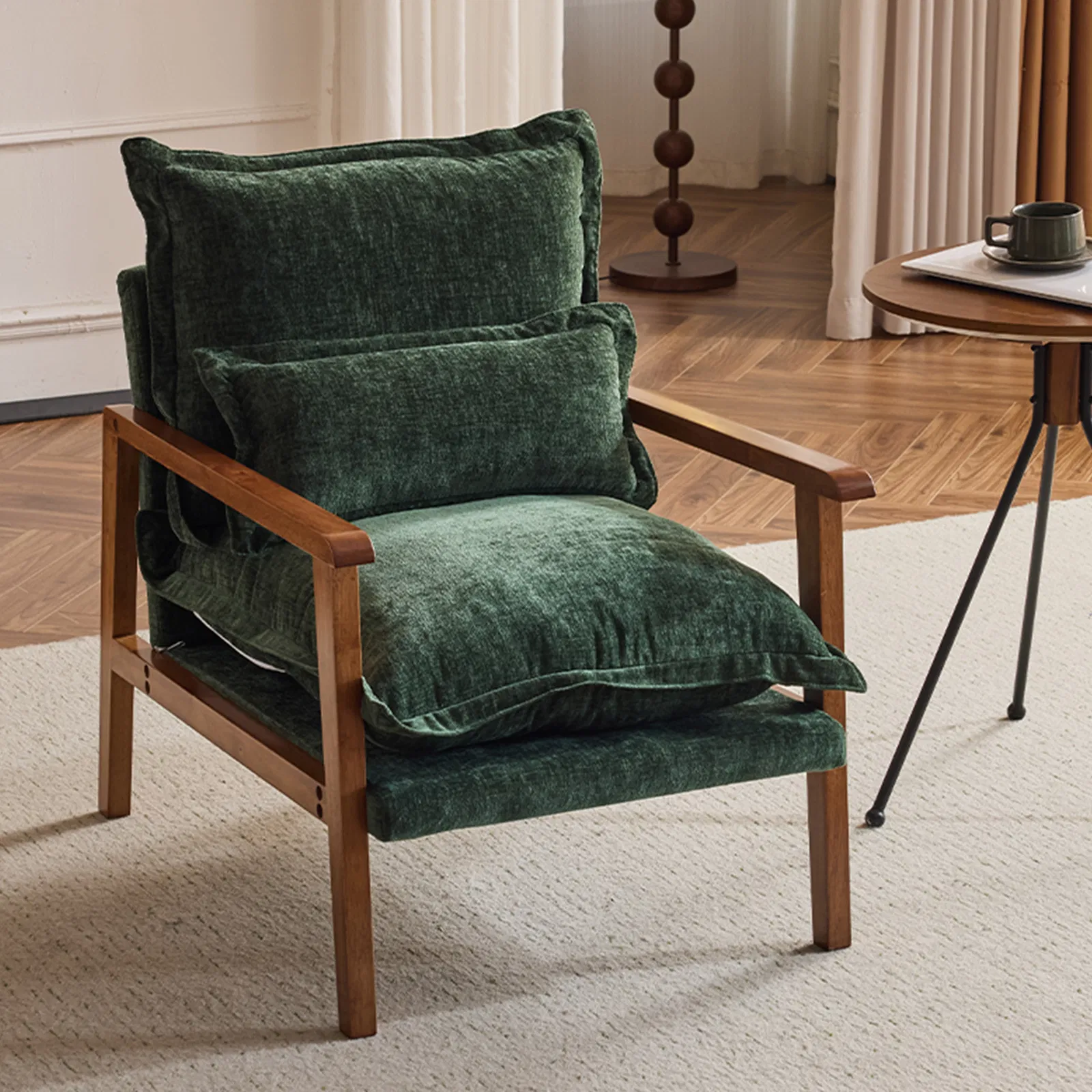 Cloud Shaped Indoor Leisure Chair with Solid Wood Armrest & Solid Wood Frame, Chenille Fabric Accent Chair with Lumbar Pillow, Single Sofa Chair Dark Green photo 1