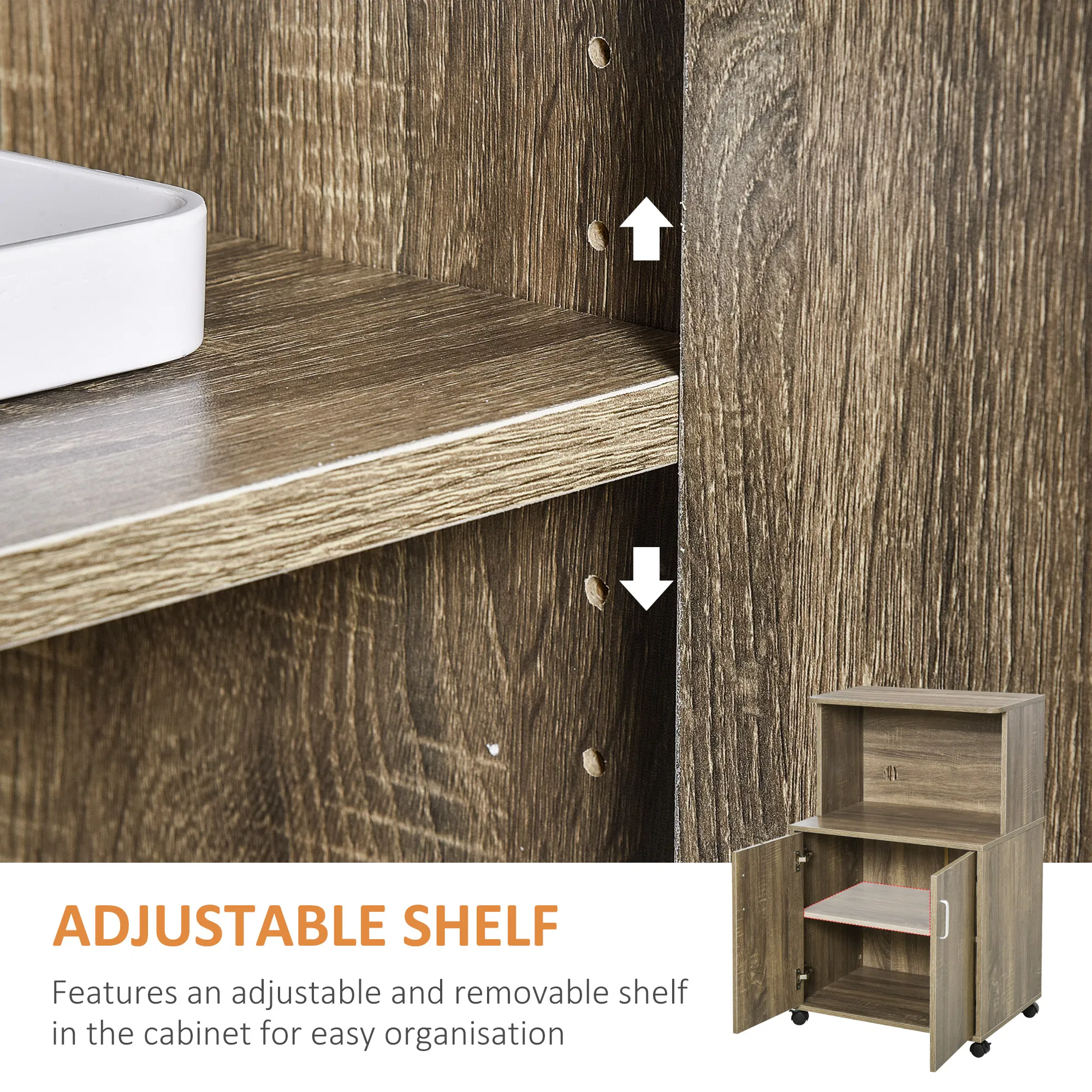 Microwave Cart on Wheels Utility Trolley Storage Sideboard Bookcase with 2-door Cabinet, Grey Wood Grain photo 3