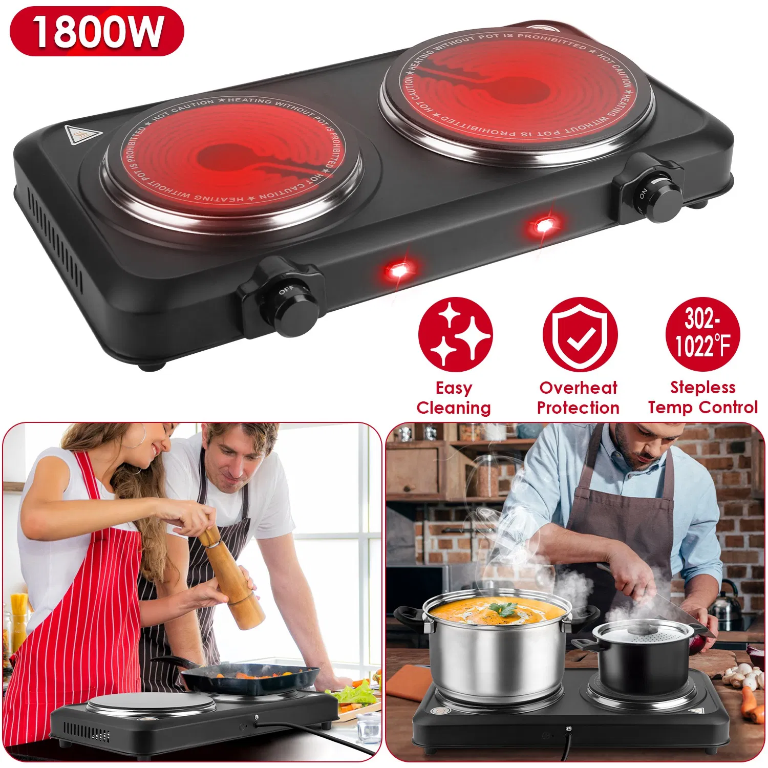 2000W Electric Infrared Dual Burner Portable Heating Hot Plate Stove Countertop RV Hotplate with 7.5' & 6.3' Glass Cooktop Stepless Temperature Adjustments for Home RV Camp photo 1