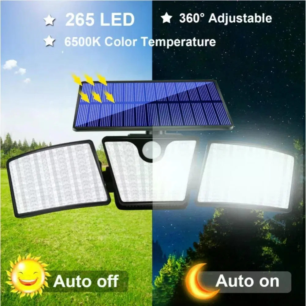265 LED Solar Motion Sensor Wall Light, IP65 Waterproof 3-Head Adjustable Angle Outdoor Garden Lamp, 3000LM 6500K for Yard Garage photo 7