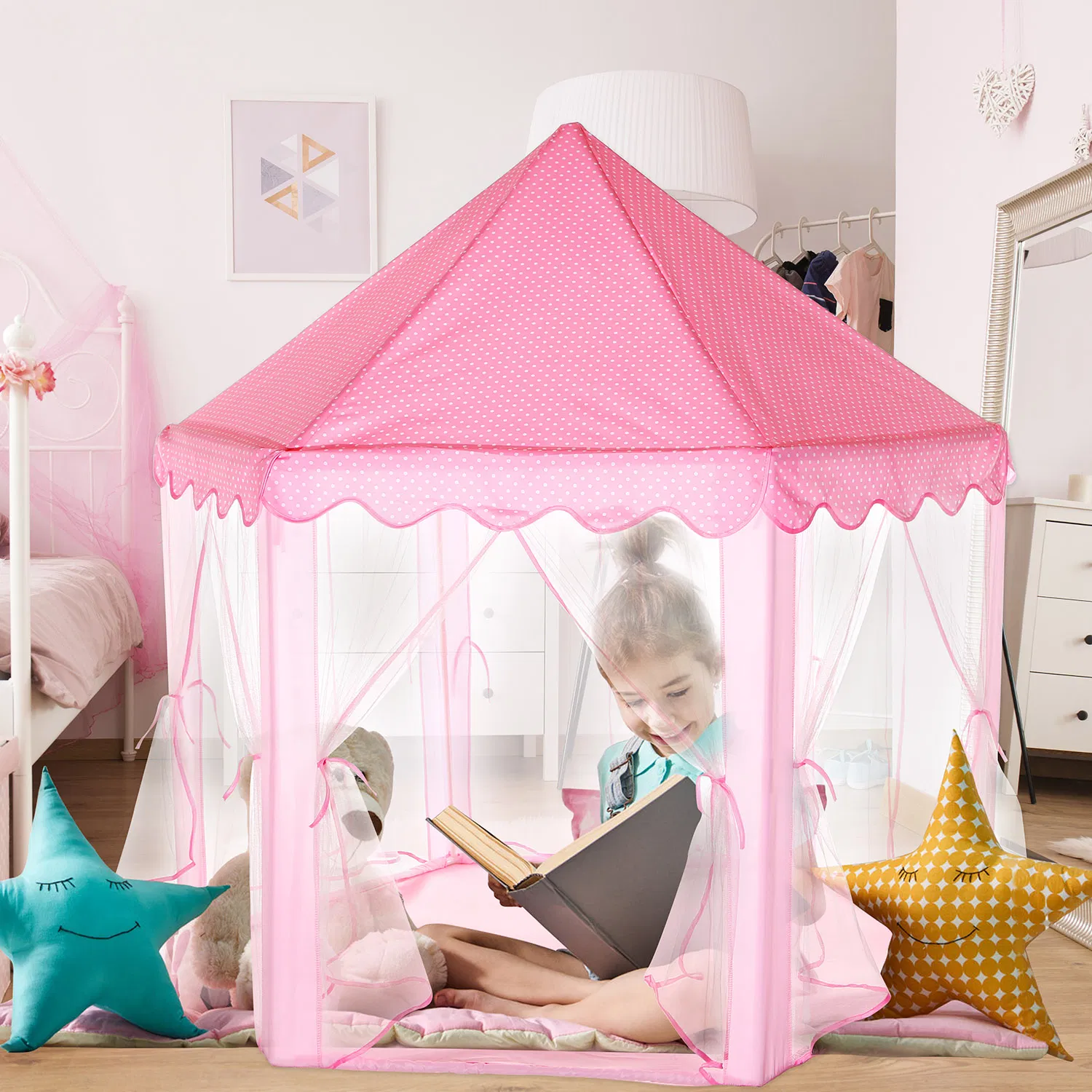 Princess Play Tent for Girls, Large Castle Playhouse with 6 Breathable Mesh Doors, Indoor Outdoor Play Tent for Backyard Garden Party, Sturdy Structure Easy Assembly, Gift for Kids Birthday photo 2
