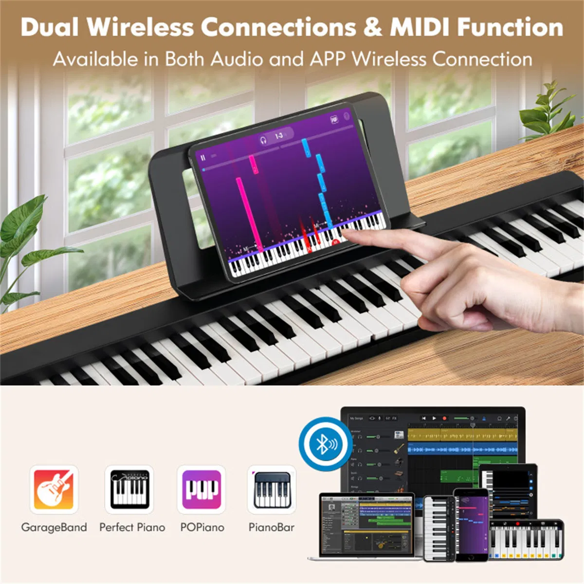 Foldable 61-Key Full-Size Digital Piano, 90.17×17.78×5.08 cm Wireless MIDI Keyboard with 1750mAh Rechargeable Battery, Black photo 6