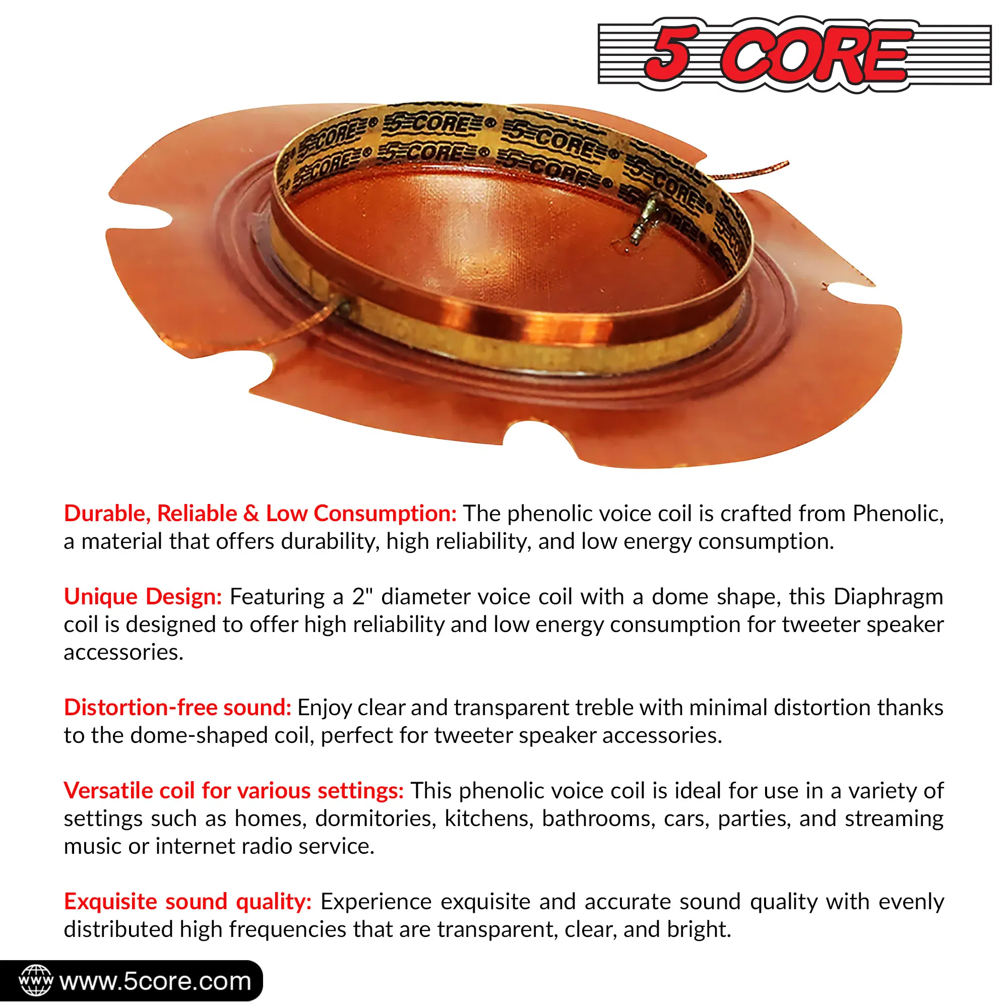 5Core 2 Inch Diaphragm Replacement Phenolic Voice Coil 51mm + Kapton Former Diameter Horn photo 8