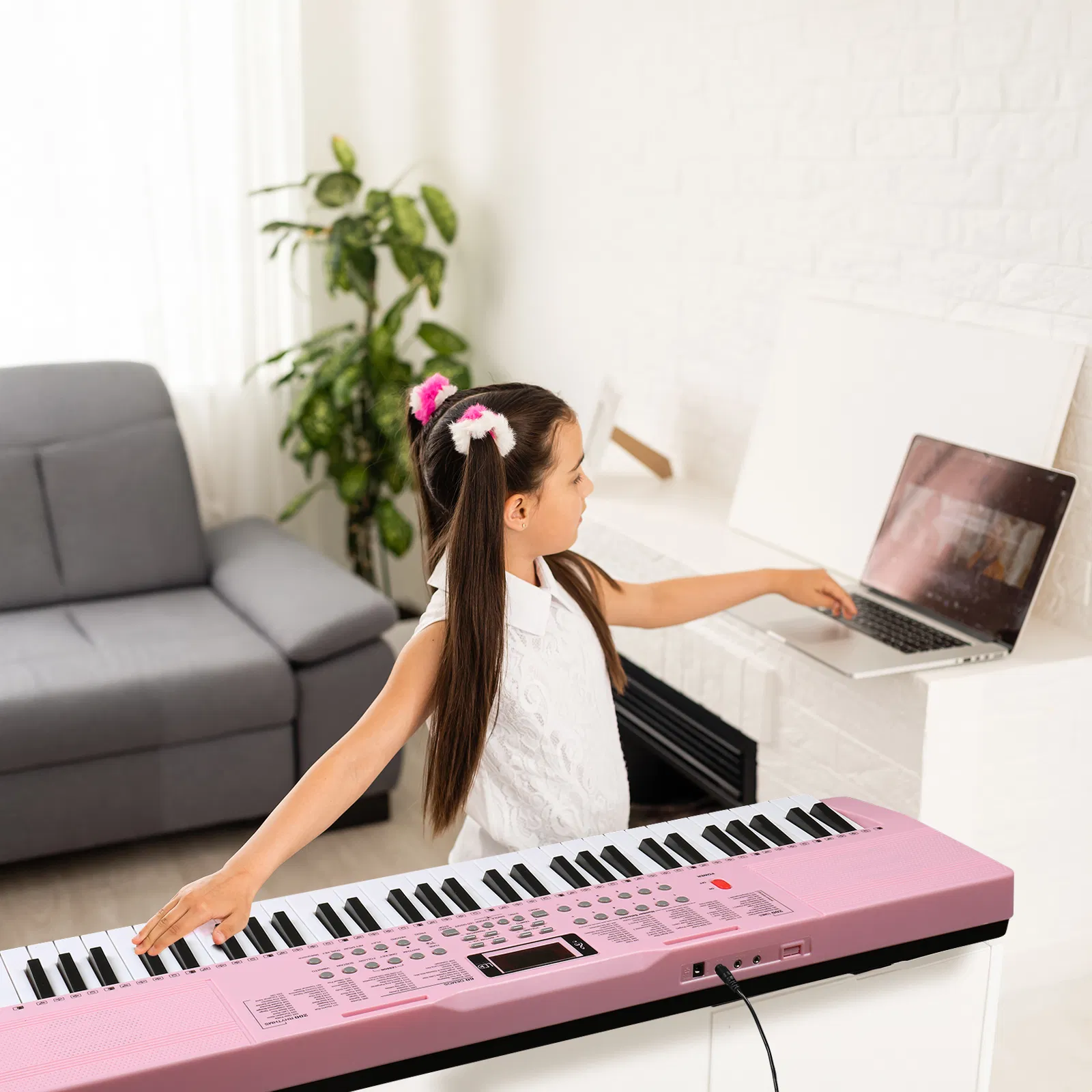 [Do Not Sell on Amazon]GEP-110 61 Key Lighting Keyboard with Piano Stand, Piano Bench, Built In Speakers, Headphone, Microphone, Music Rest, LED Screen, 3 Teaching Modes for Beginners photo 3