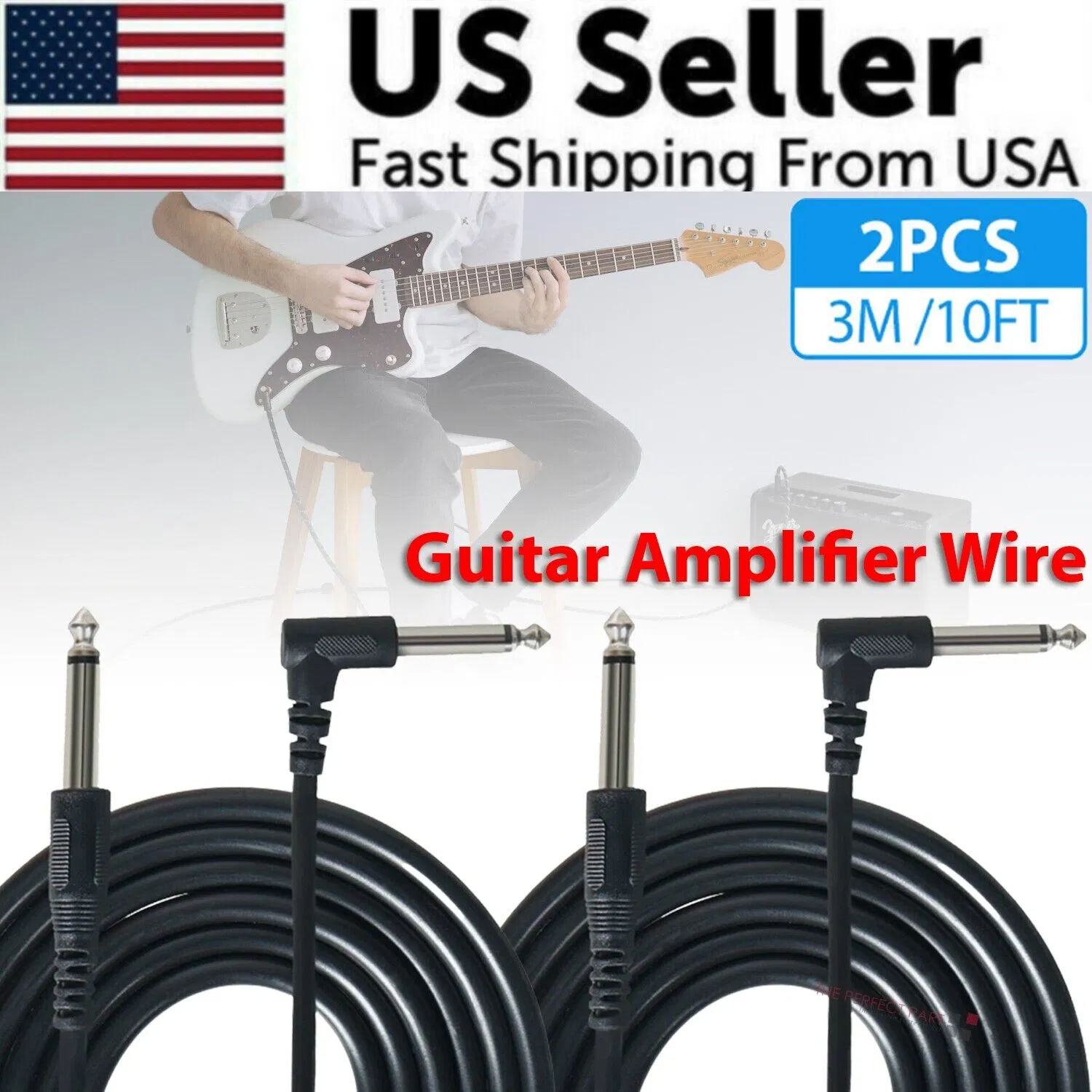 2 PACK 10FT Electric Patch Cord Guitar Amplifier Amp Cable Right Angle 90 Degree photo 1
