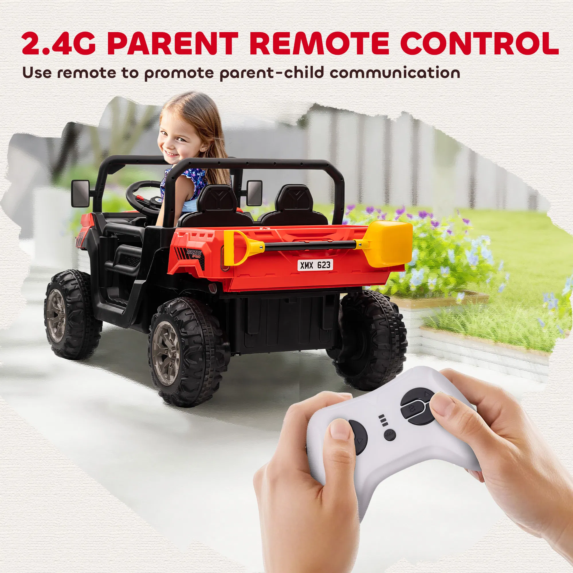 12V Ride on Car with Electric Bucket, Two-Seater, Shovel, Remote Control, Spring Suspension, Horn, Music, Red photo 6