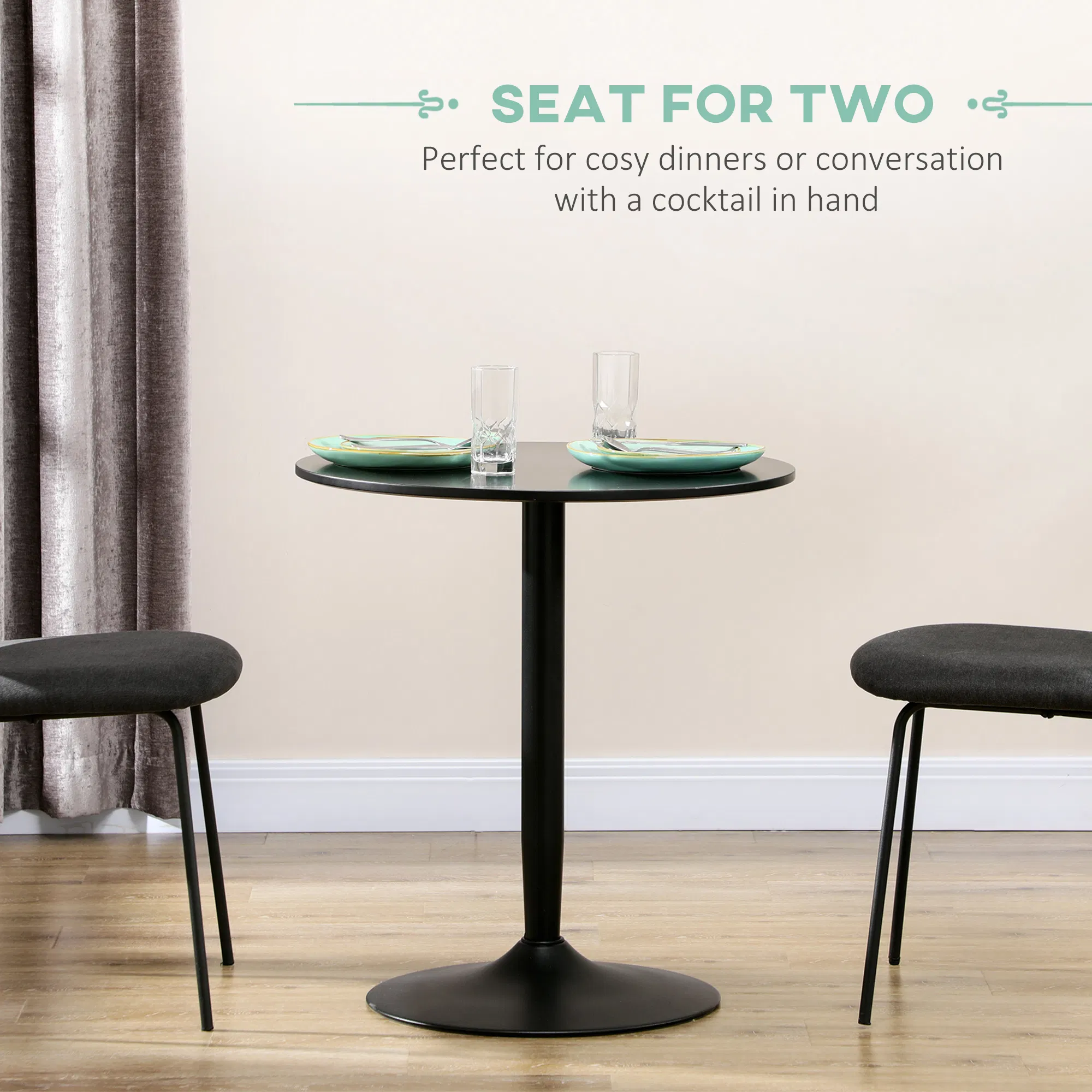 Modern Kitchen Table for 2 People, Round Dining Table with Steel Base for Living Room, Dining Room, Black photo 5
