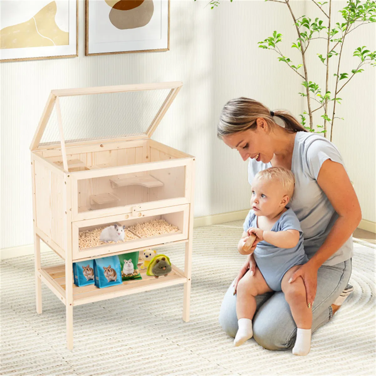 31.5 " Fir Wood Hamster Cage with Flip Mesh Roof, Multi-Level Activity Areas & Bottom Storage Shelf photo 3