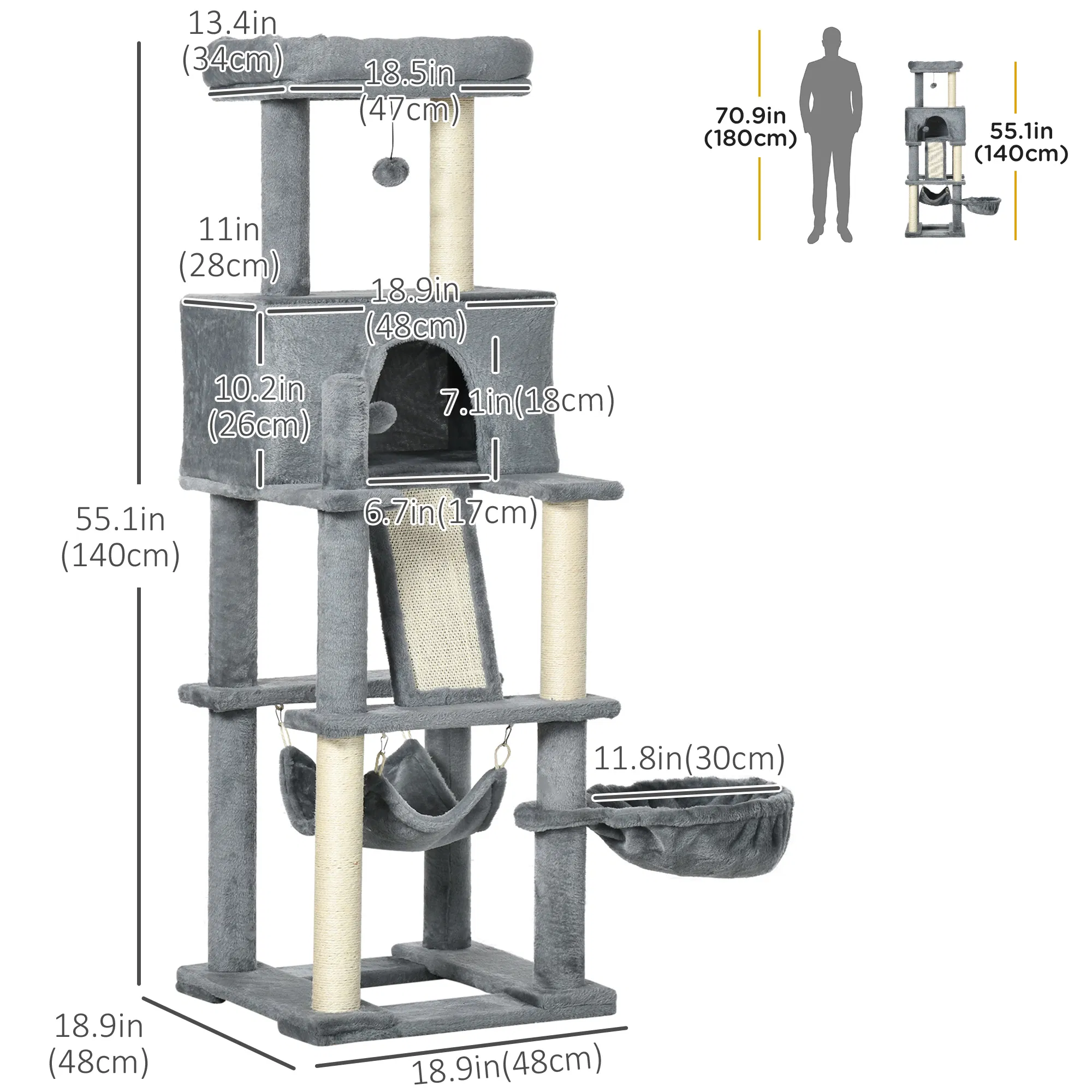 55" Cat Tree for Indoor Cats, Cat Tower, Kitty Activity Center with Cat Bed Ramp Condo Hammocks Hanging Ball Toys Sisal Rope Scratching Post, Grey photo 5