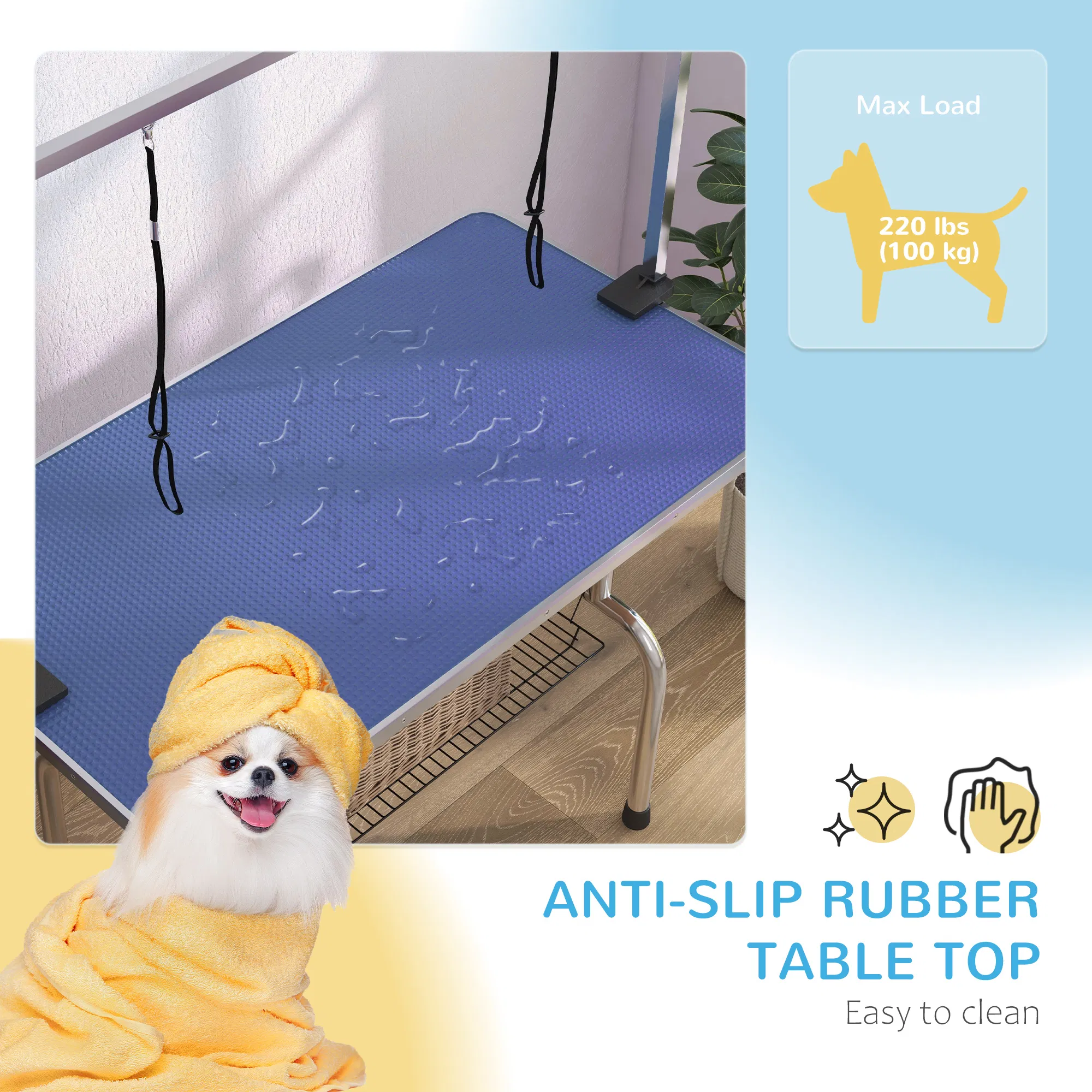 Adjustable Dog Grooming Table with 2 Safety Slings, Storage Basket, Blue photo 3